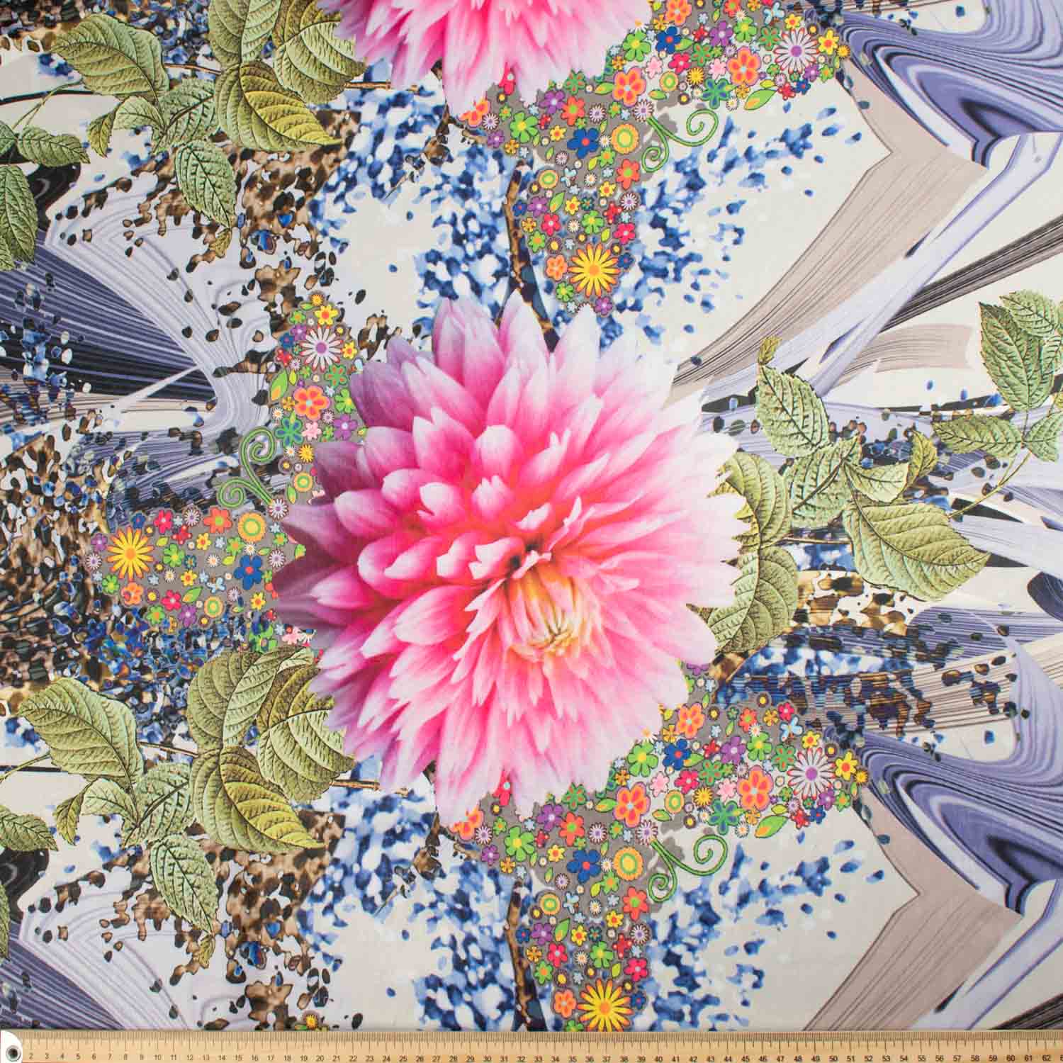 Digital Printed Satin Design-25 Pink Floral on Blue Wave Stripes - Image 4