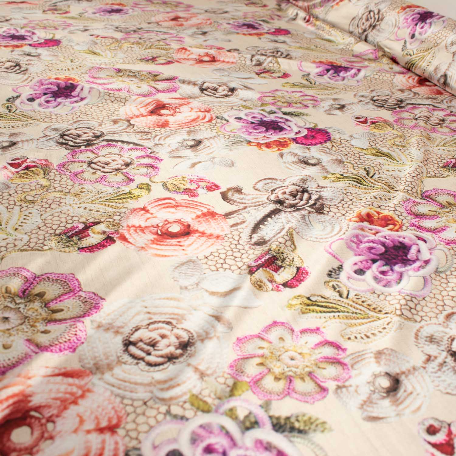 Digital Printed Satin Design-27 Pink Knit Floral on Beige - Image 3