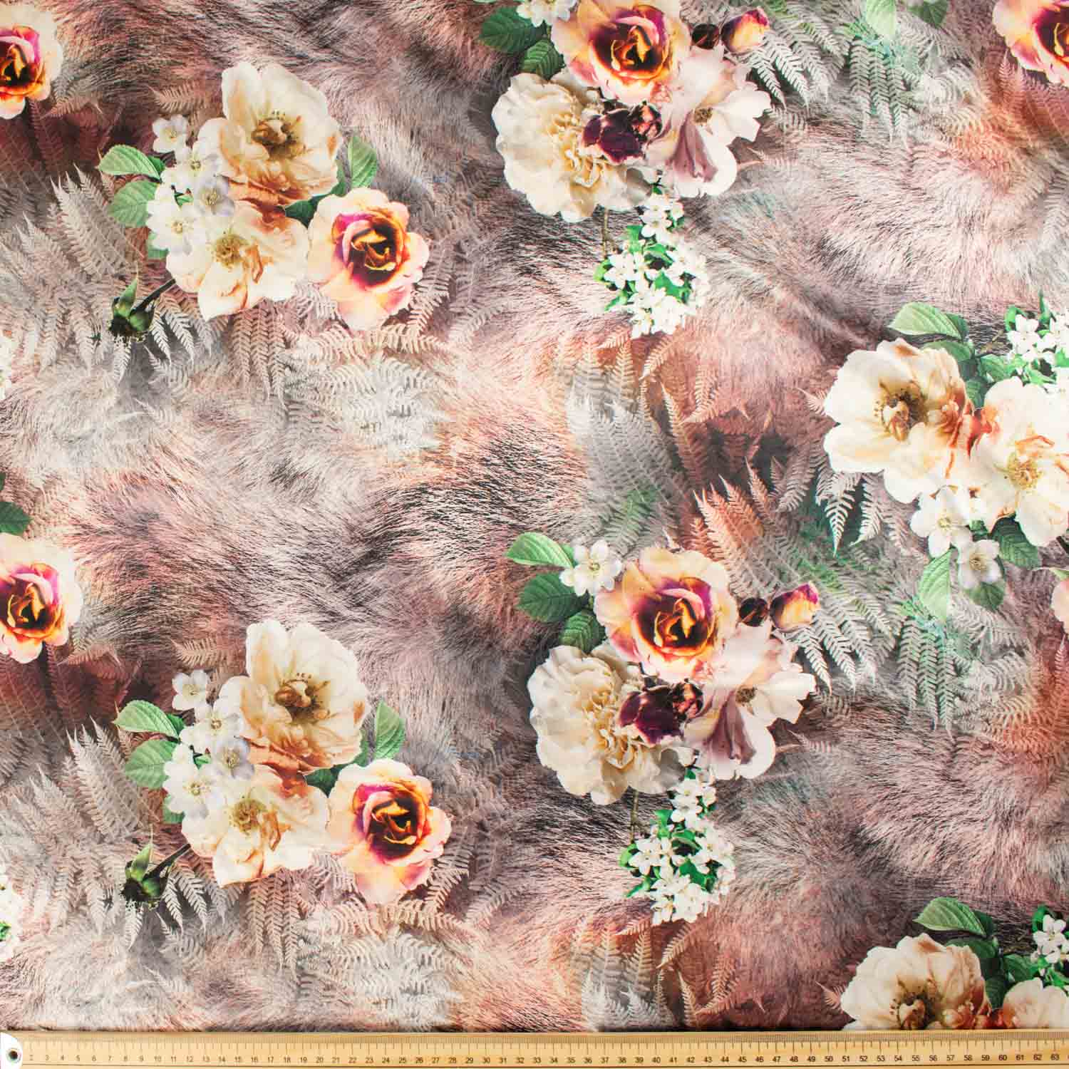 Digital Printed Satin Design-31 Floral on Beige Leaves - Image 2