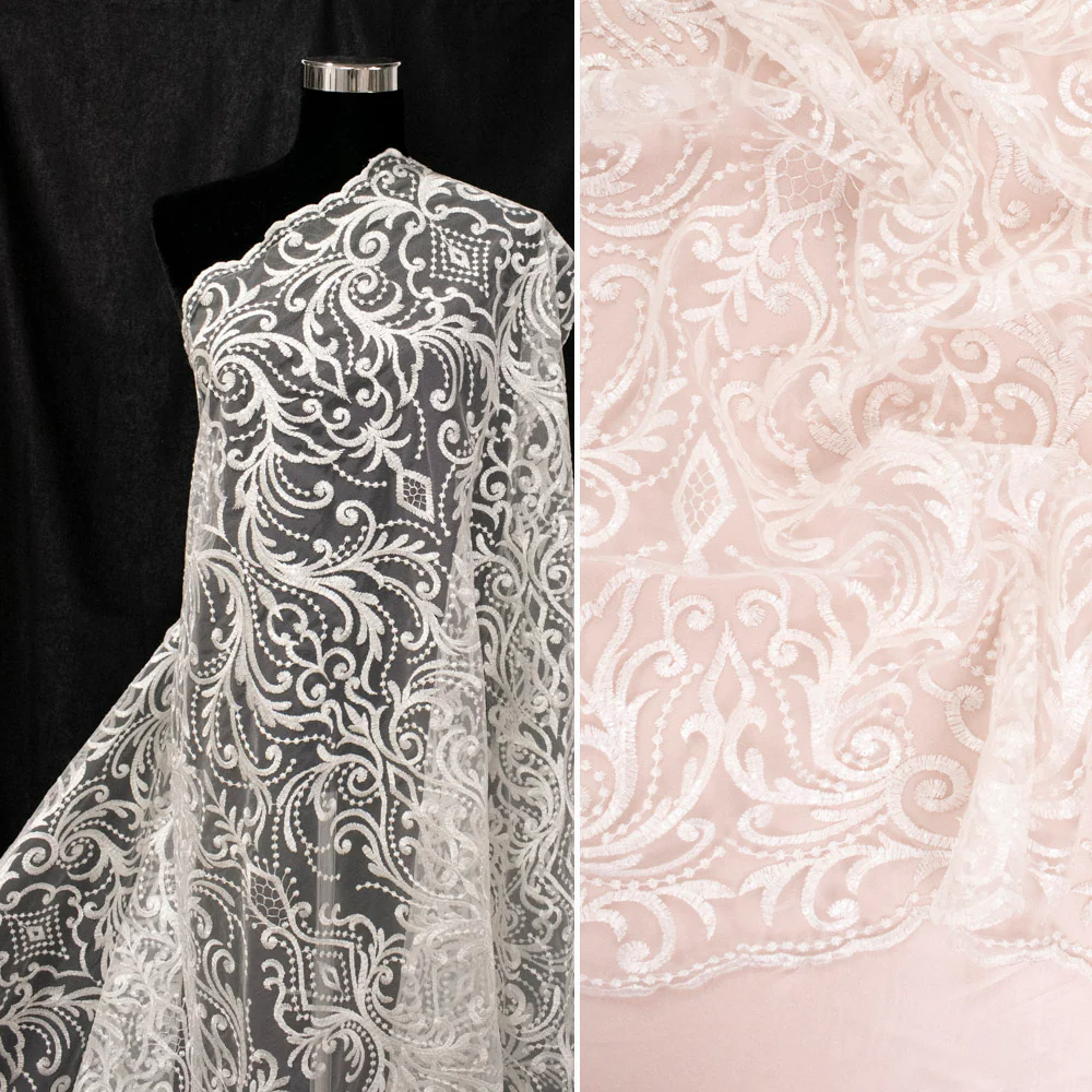 Embroidered Couture Bridal Laces – WS21 Off White Damask Floral Vines