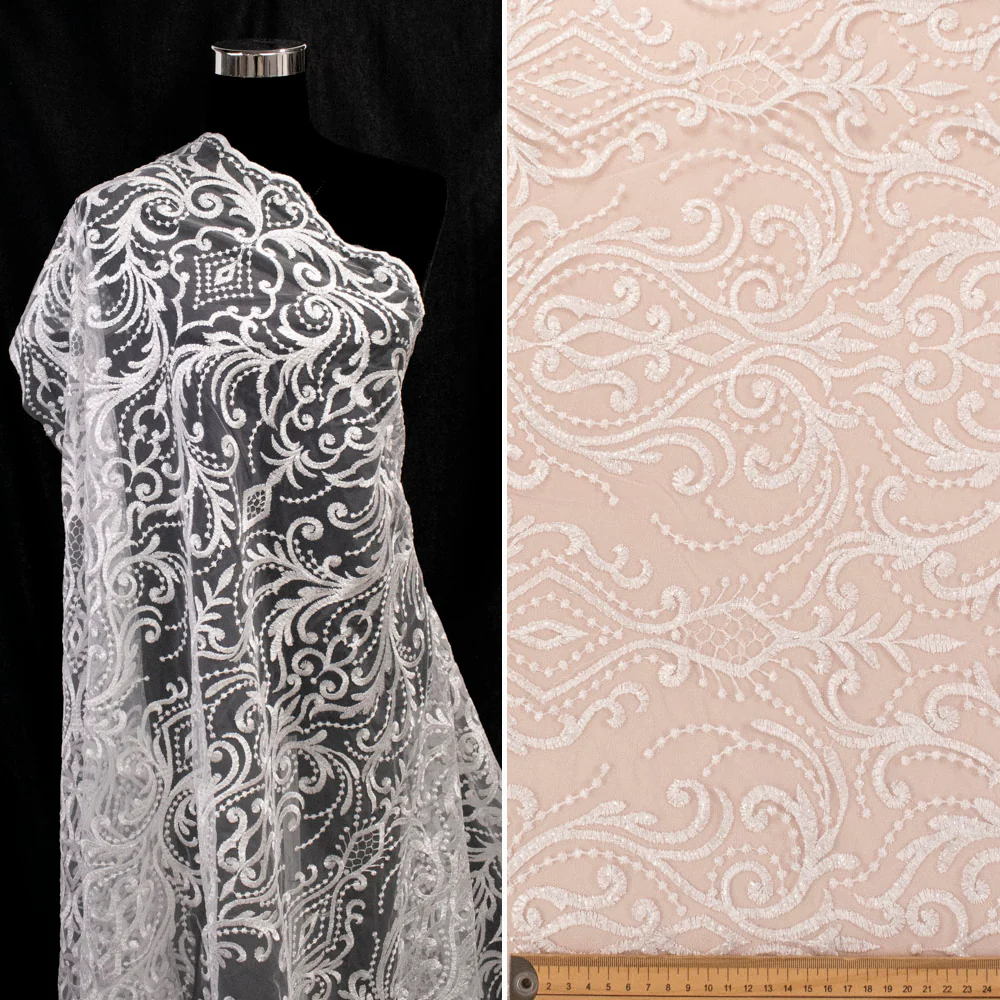 Embroidered Couture Bridal Laces – WS21 White Damask Floral Vines