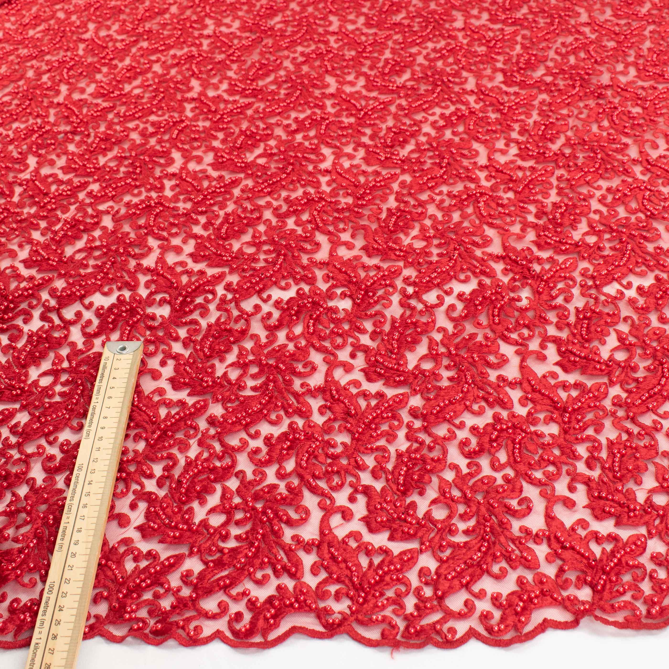 Heavy Embroidered Pearl Beaded Chantilly Lace Red - Image 2