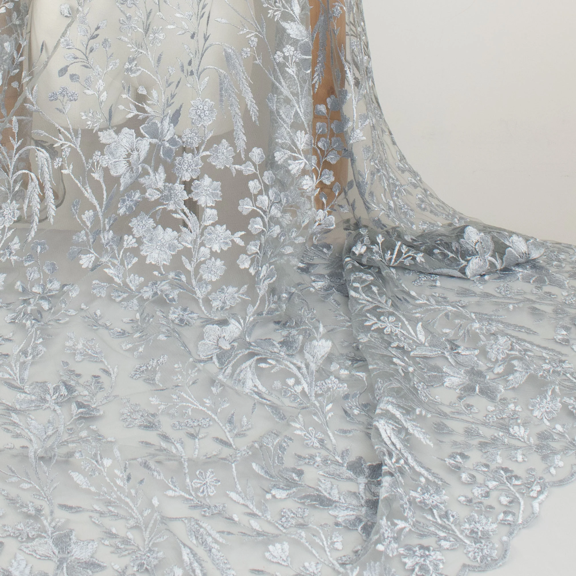 Floral Heavy Embroidered Lace Silver - Image 3