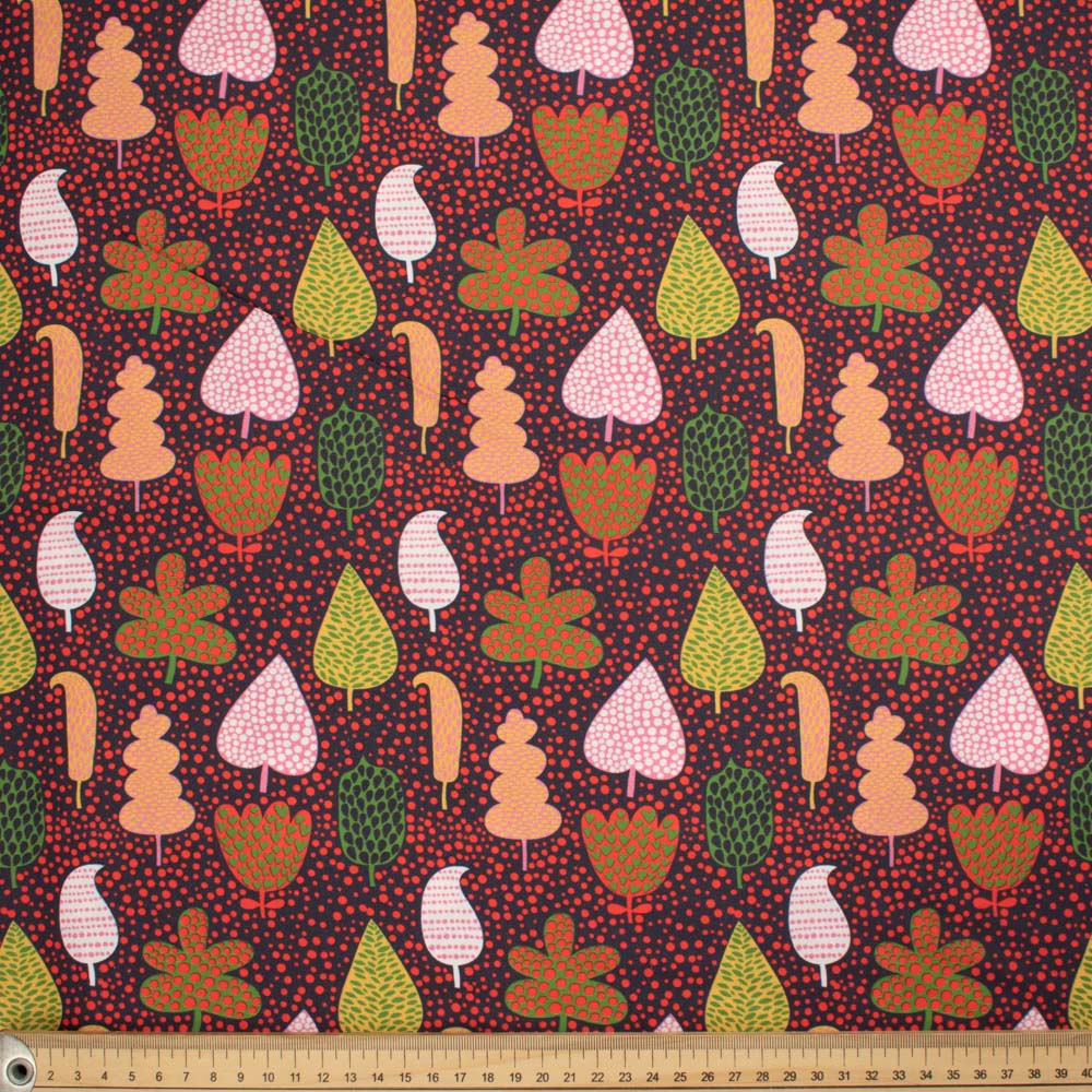 Flowers & Birds Cartoon Collection #15 Multi Colour Tree & Red Spots on Navy Cotton Prints