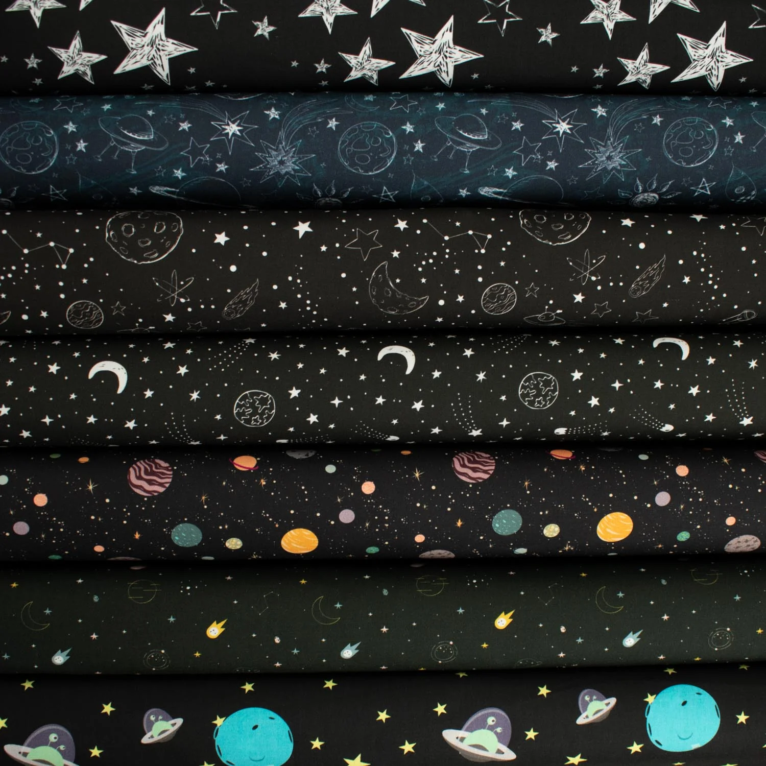 Galaxy Collection #02 White Sketch Planets UFO & Rockets on Navy Cotton Prints - Image 2