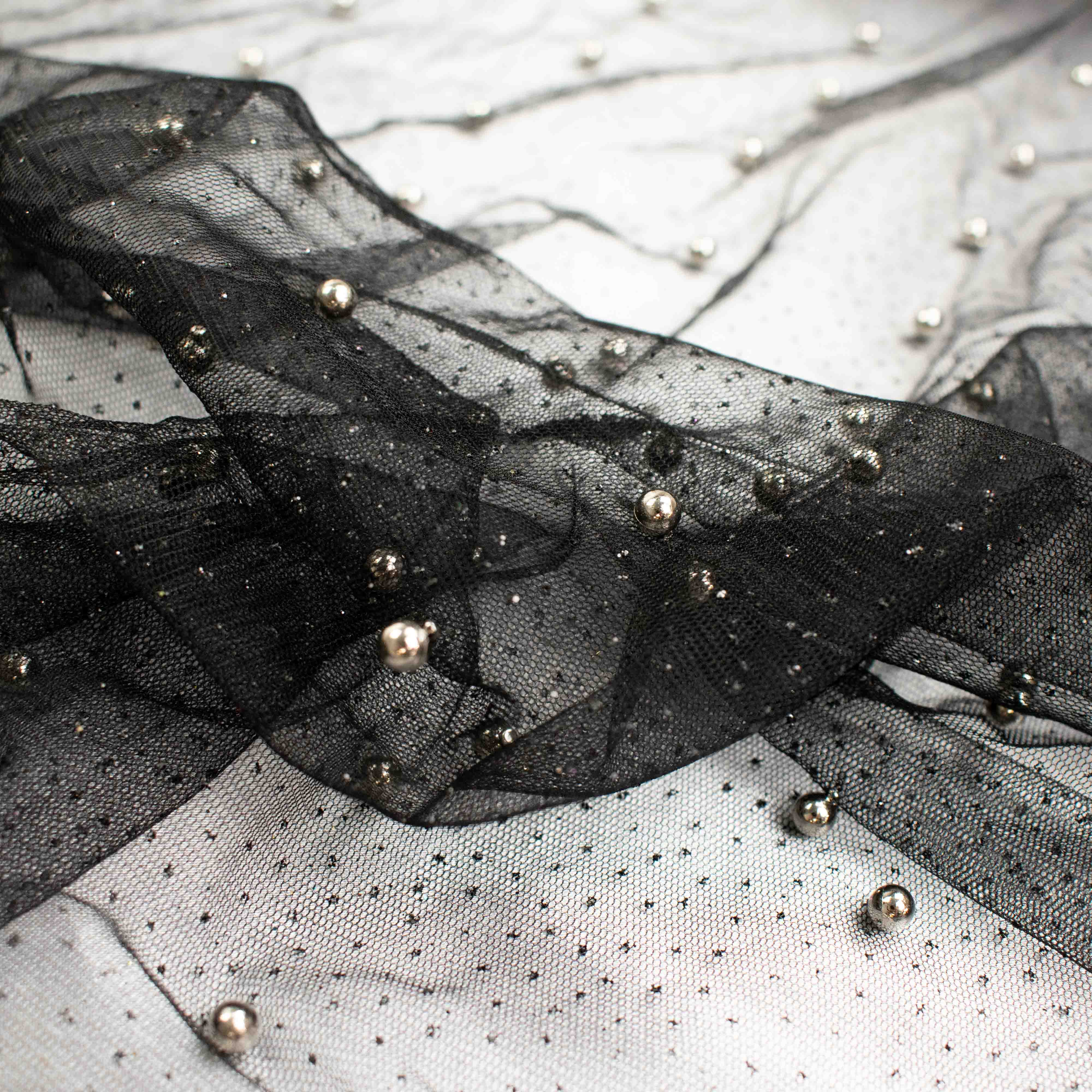 Glitter Tulle Pearl Netting Black Silver - Image 3