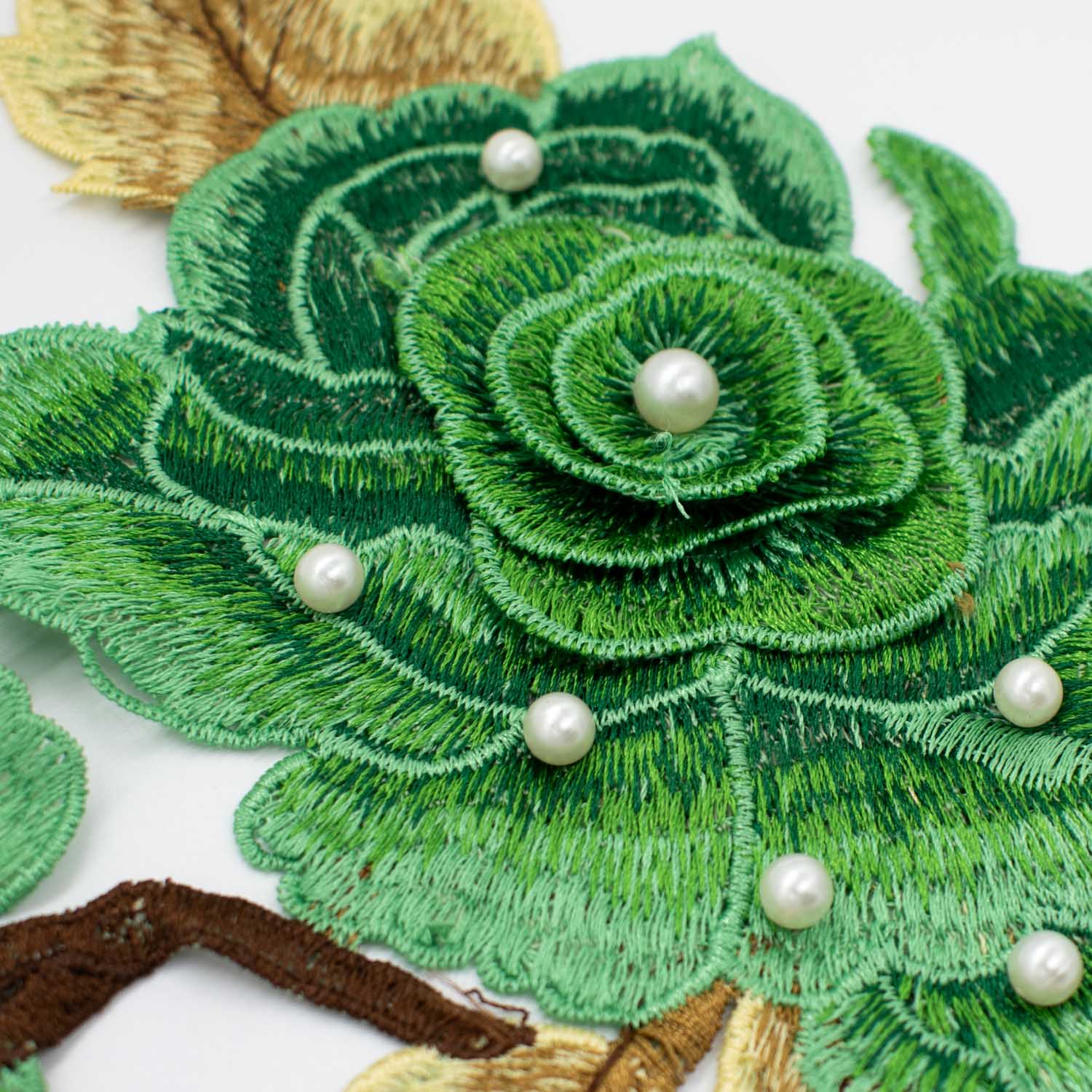 Green Flower & Pearl Embroidered Applique Motif Design-I-44 - Image 3