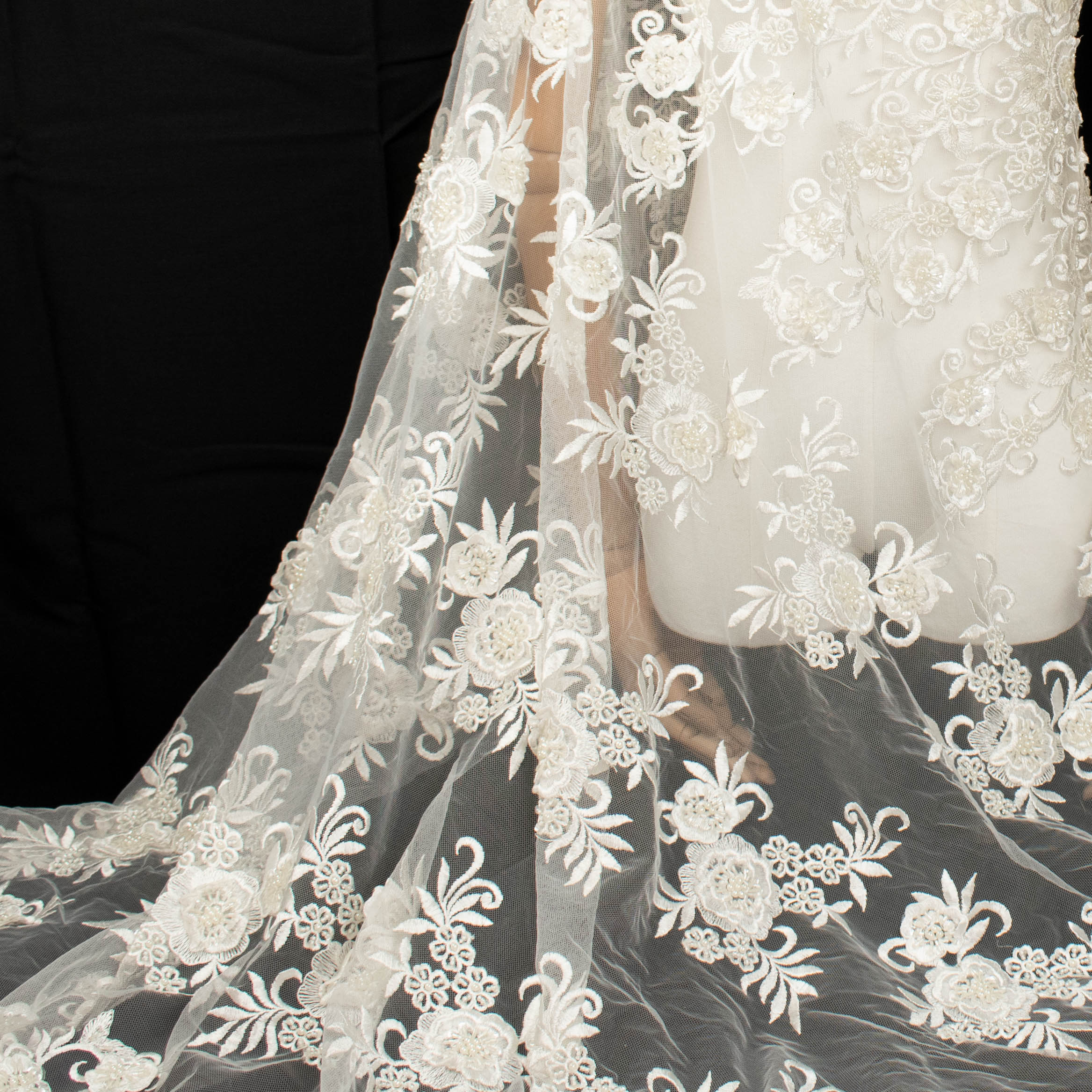 Heavy 3D Flower Pearl Beaded Embroidered Lace Ivory Design-11 - Image 4