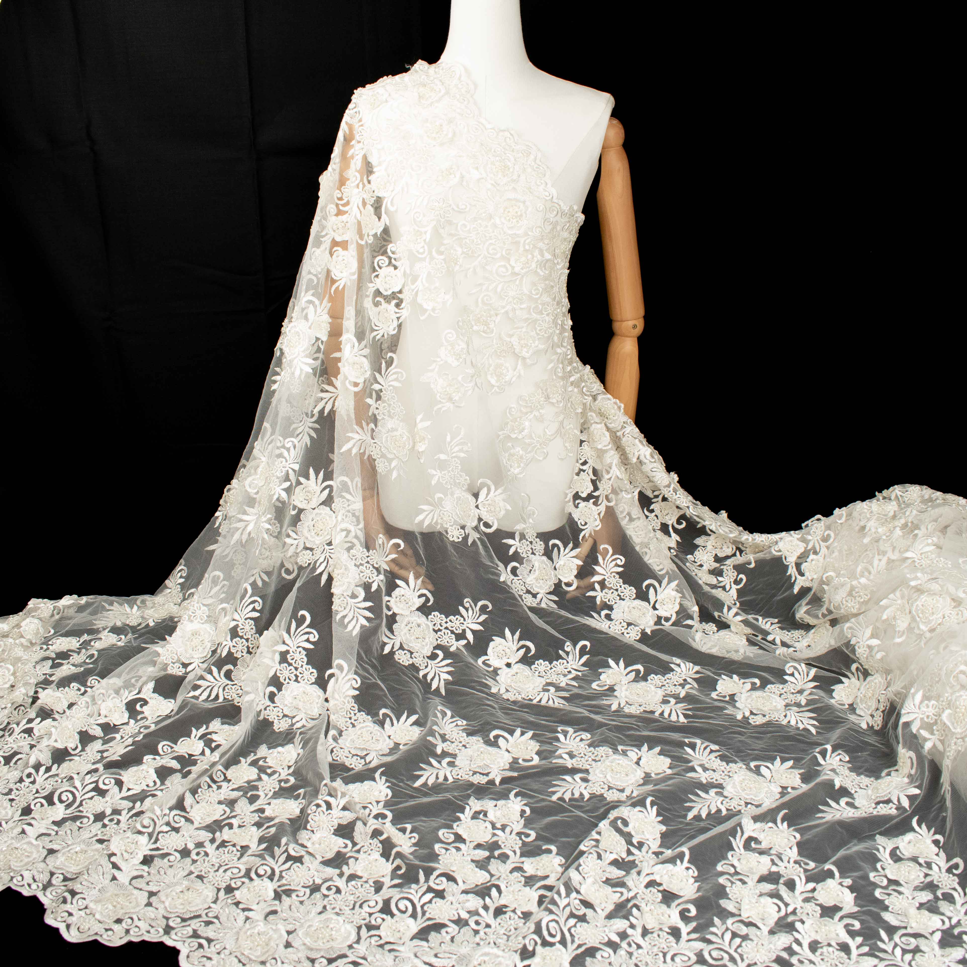 Heavy 3D Flower Pearl Beaded Embroidered Lace Ivory Design-11 - Image 5