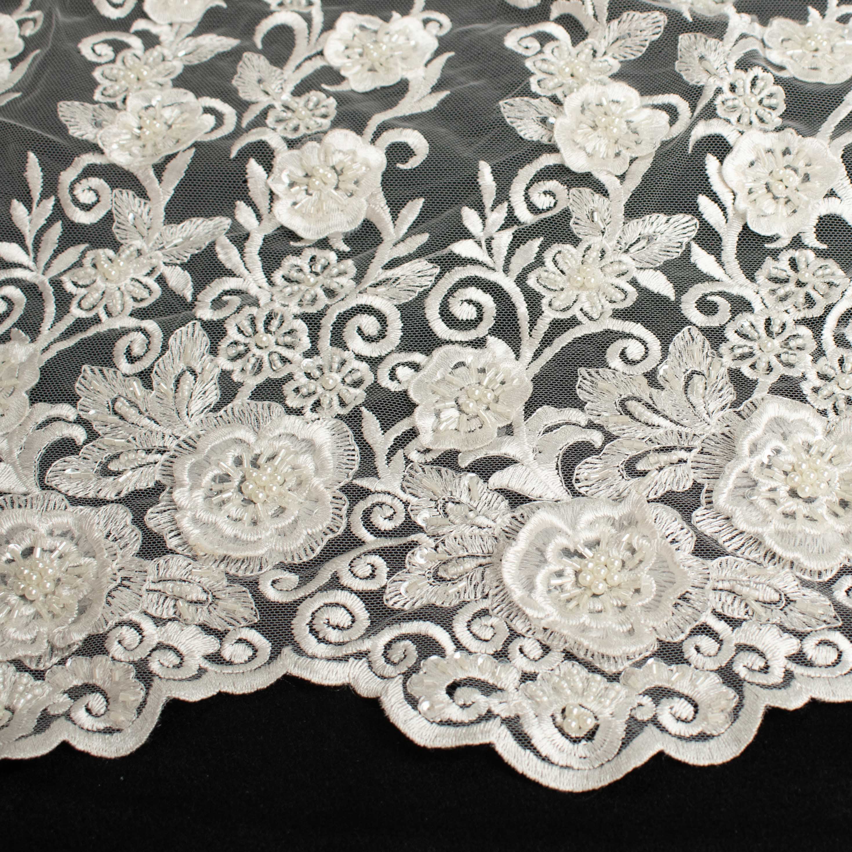 Heavy 3D Flower Pearl Beaded Embroidered Lace Ivory Design-11 - Image 6