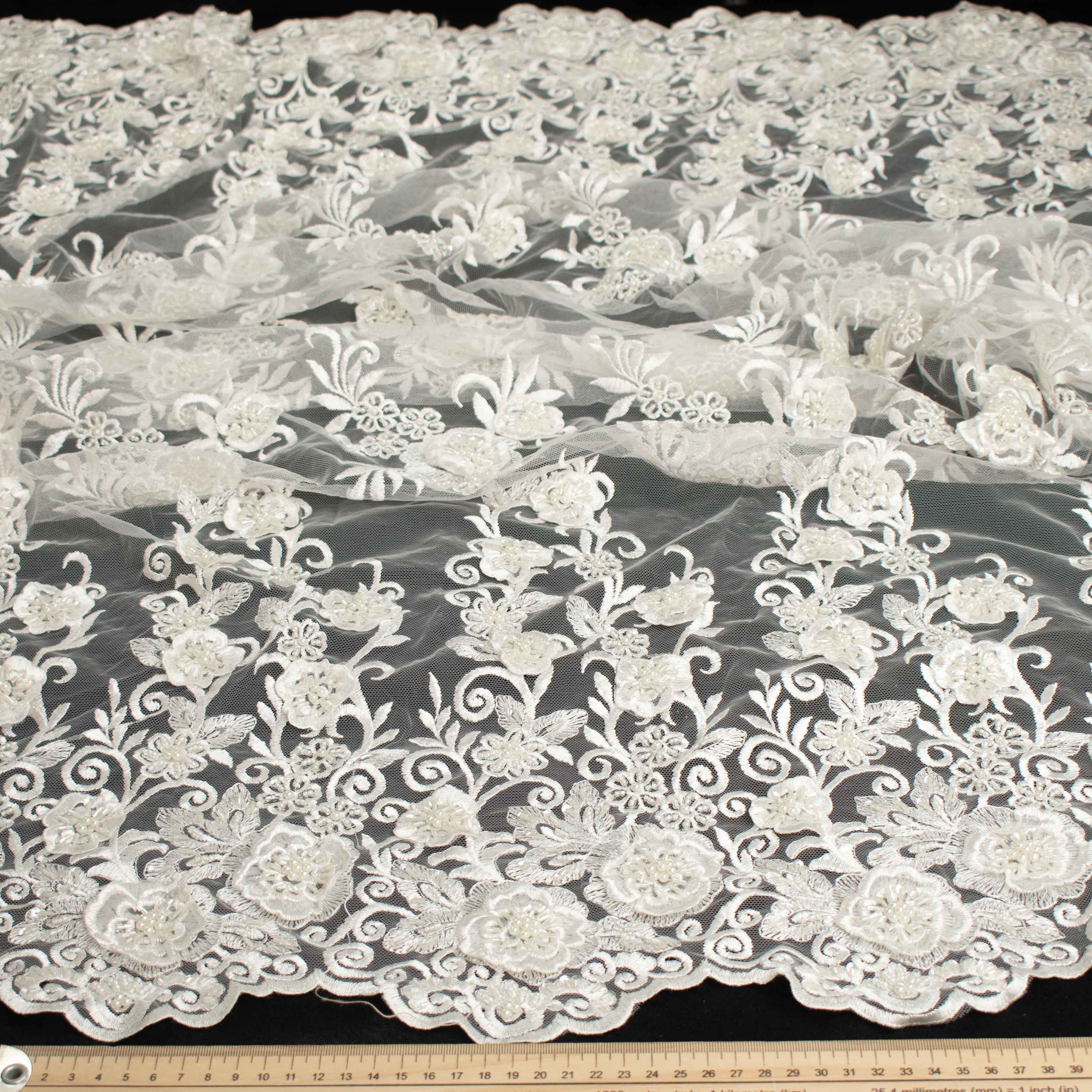 Heavy 3D Flower Pearl Beaded Embroidered Lace Ivory Design-11 - Image 7