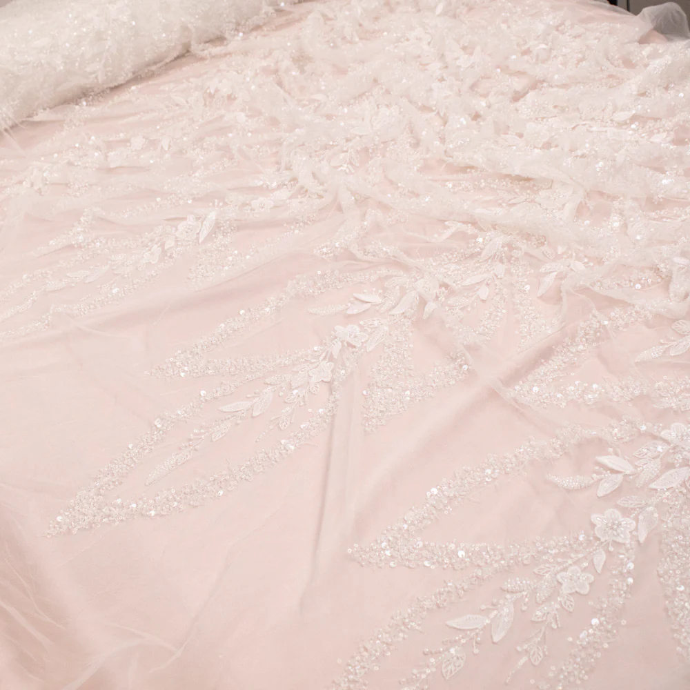 Heavy Beaded 3D Floral Vines Embroidered Couture Bridal Laces – PB2407 White - Image 5