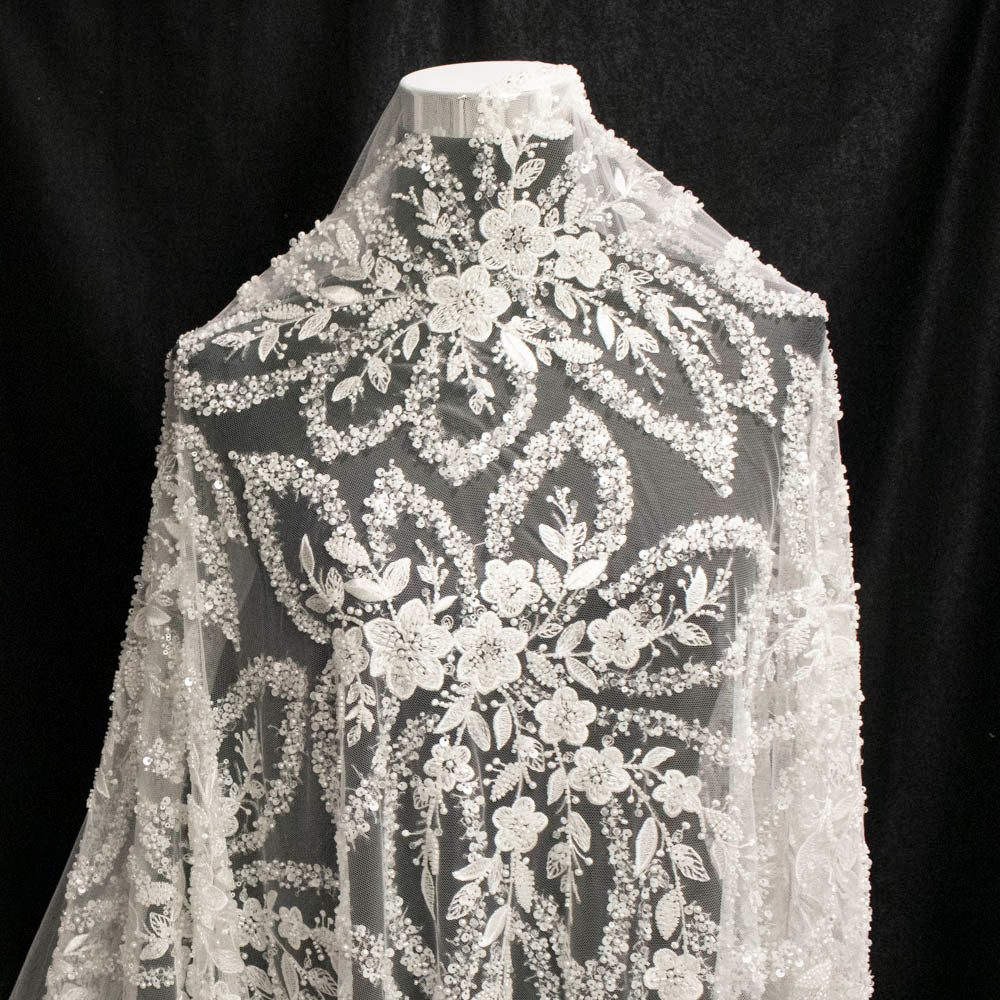 Heavy Beaded 3D Floral Vines Embroidered Couture Bridal Laces – PB2407 White - Image 7