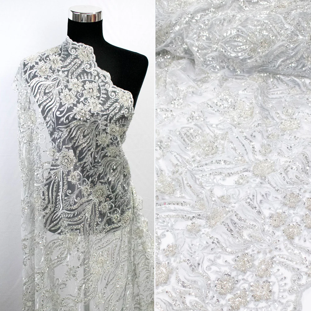 Heavy Beaded Sequin Embroidered Couture Laces – GA7801 Silver Floral Vines