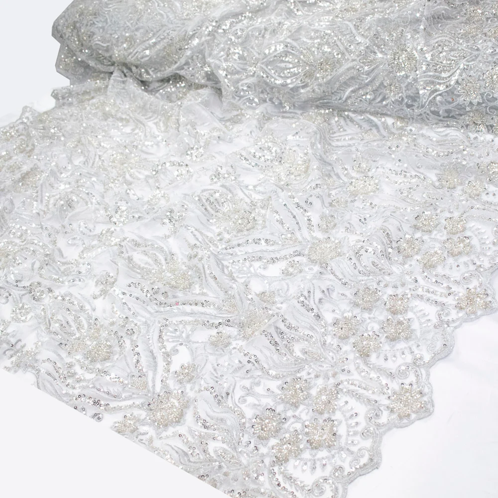 Heavy Beaded Sequin Embroidered Couture Laces – GA7801 Silver Floral Vines - Image 5