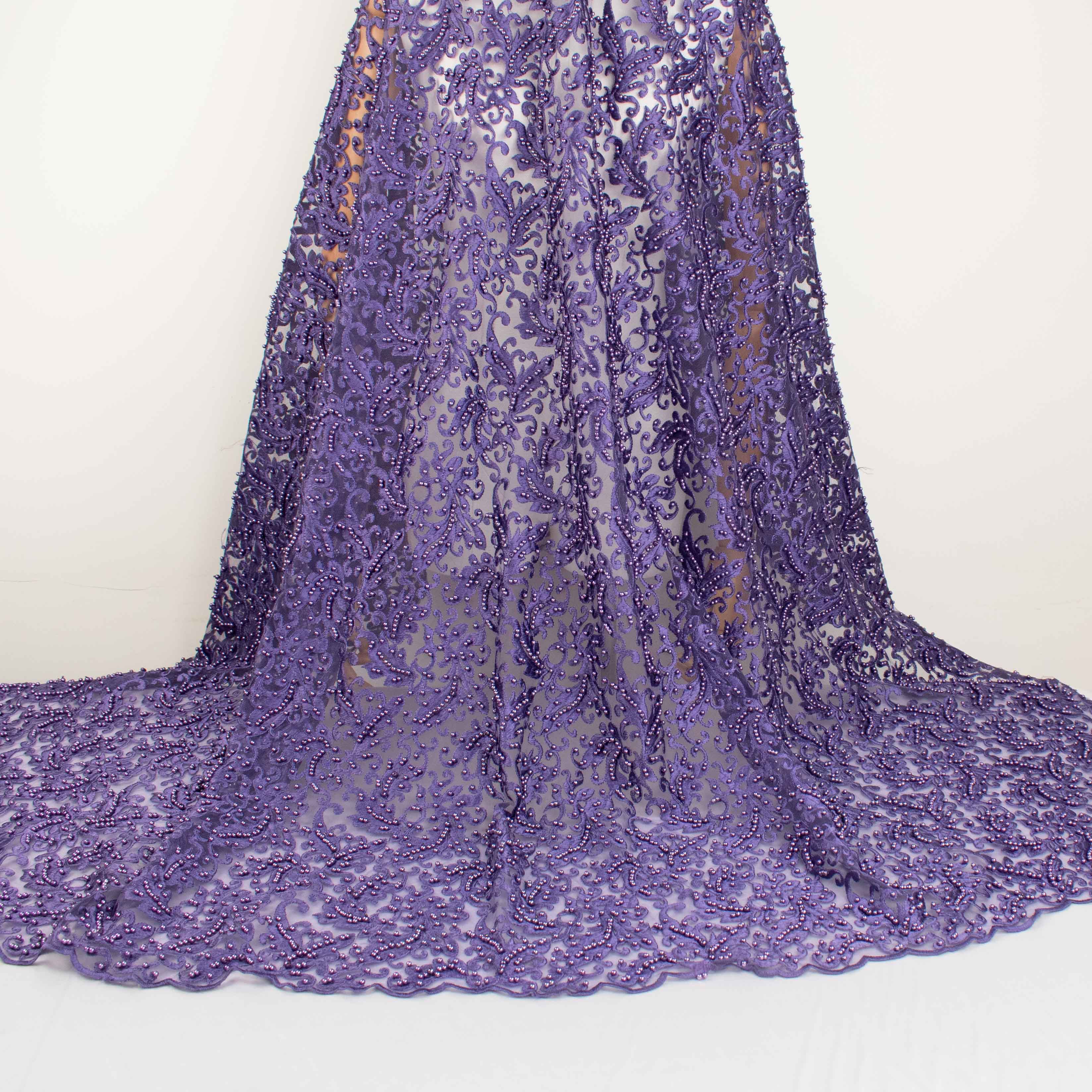 Heavy Embroidered Pearl Beaded Chantilly Lace Purple - Image 3