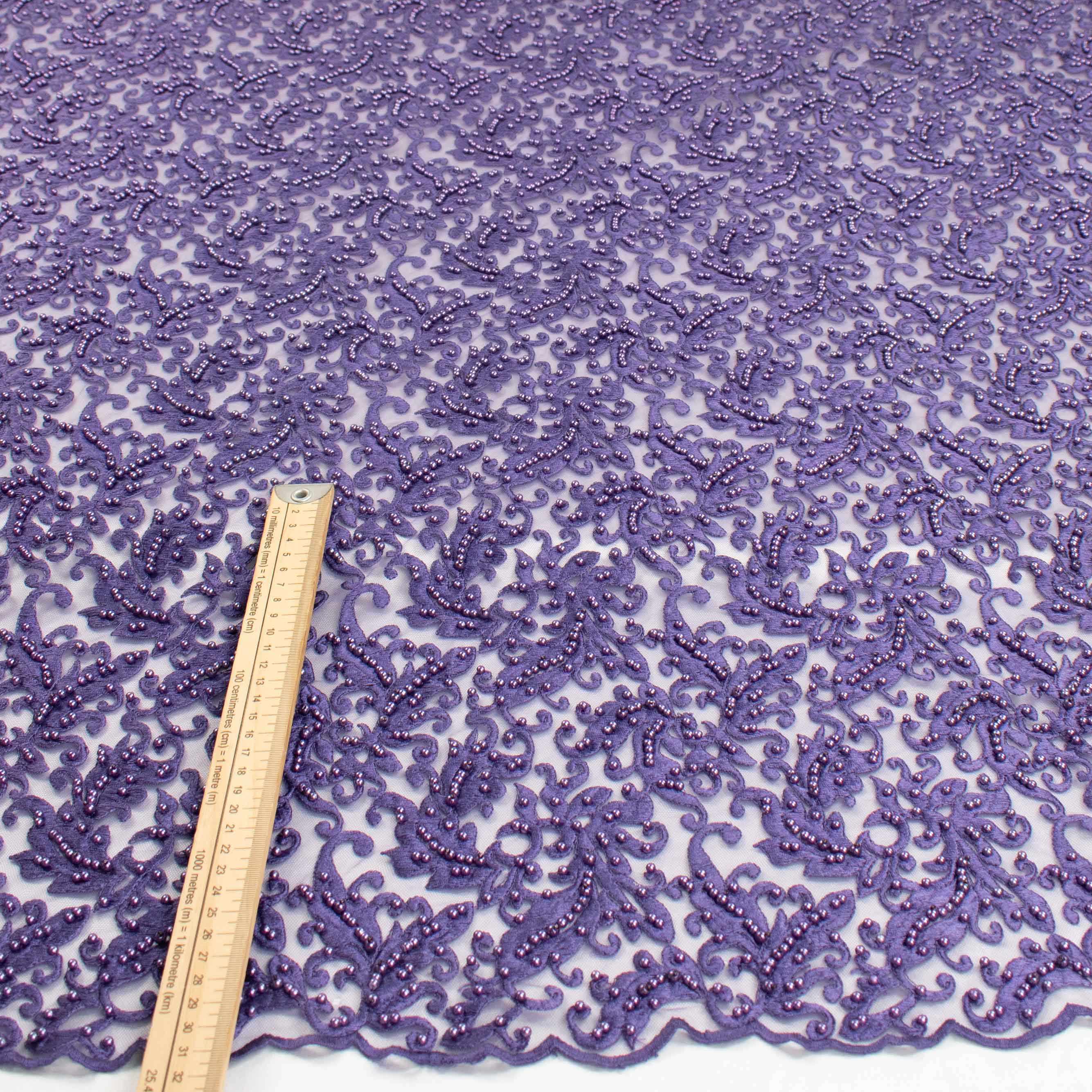 Heavy Embroidered Pearl Beaded Chantilly Lace Purple - Image 5