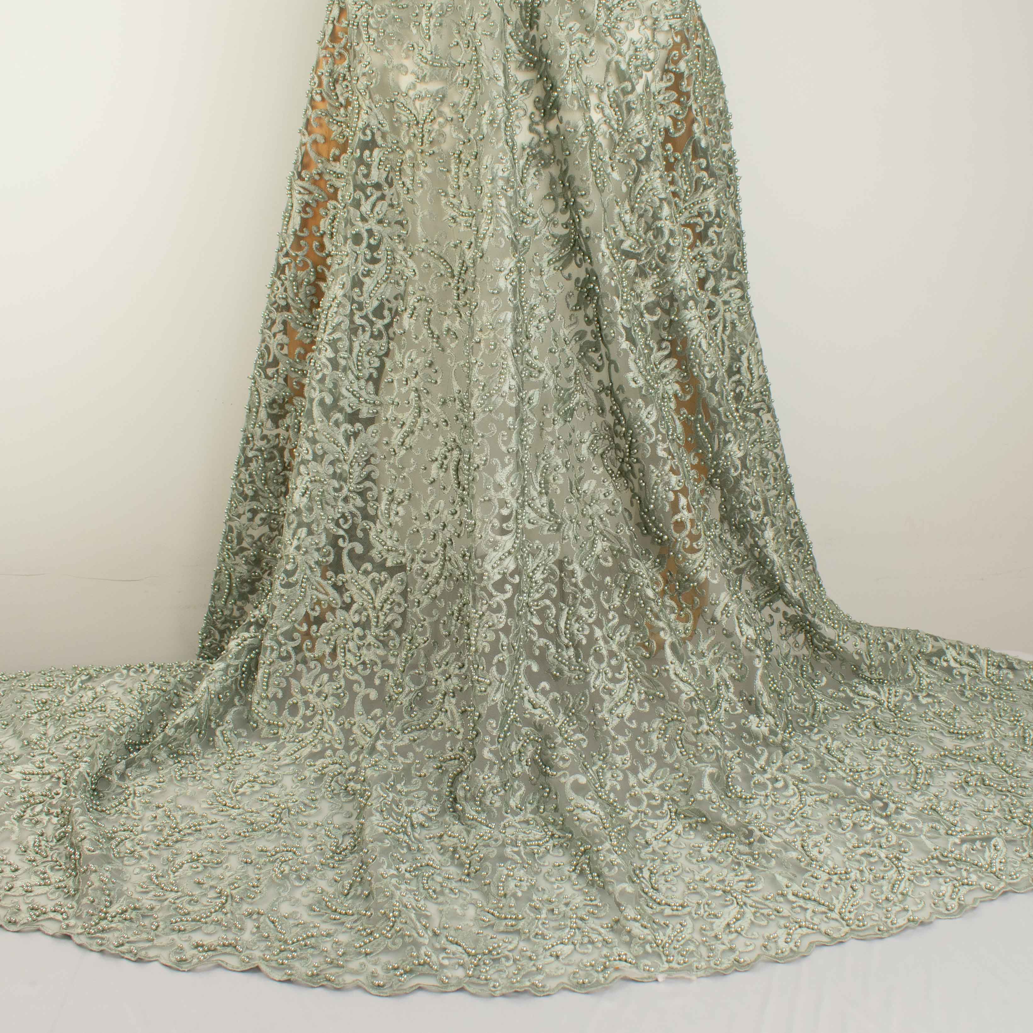 Heavy Embroidered Pearl Beaded Chantilly Lace Teal Grey - Image 3