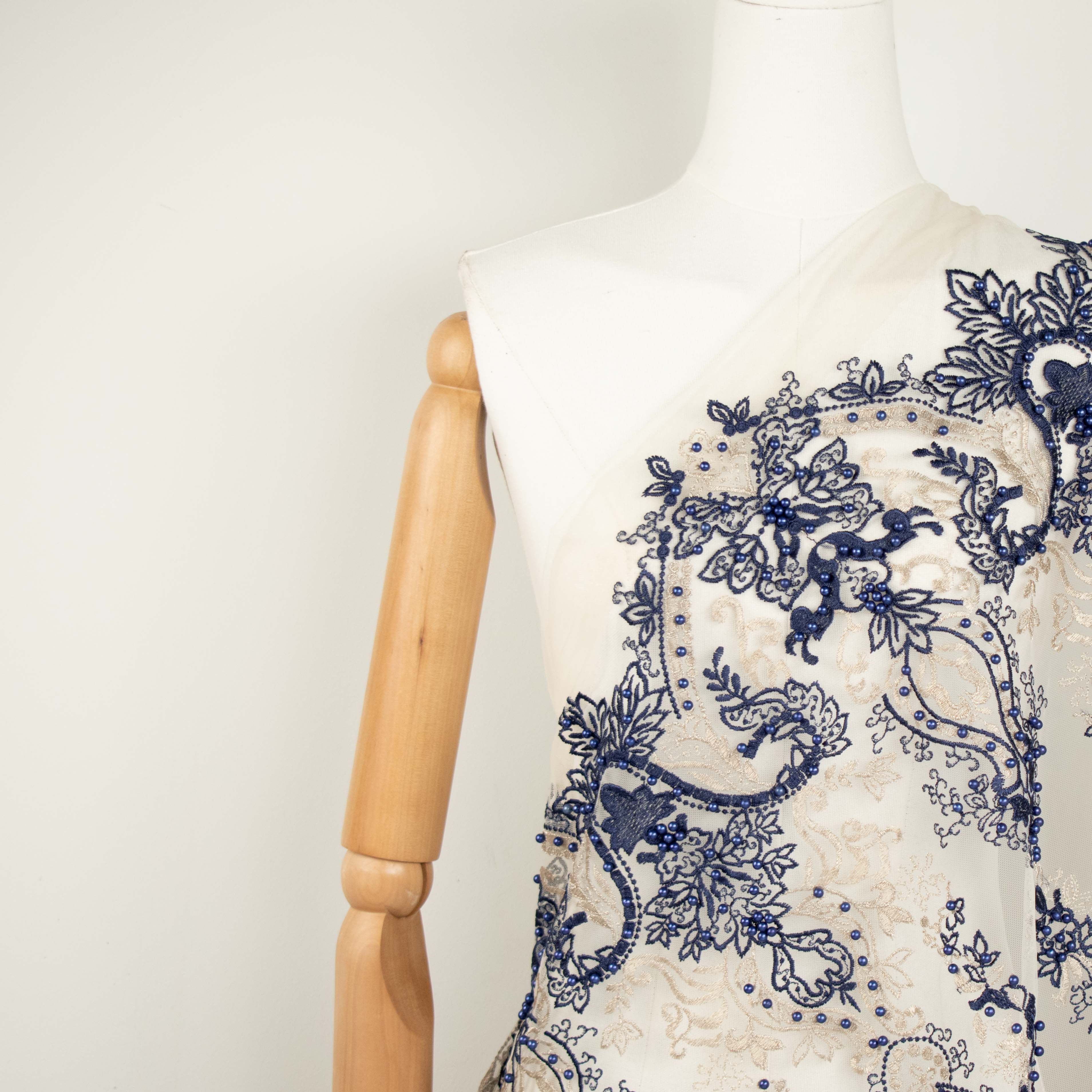 Heavy Pearl Metallic Embroidered Lace Navy - Image 3