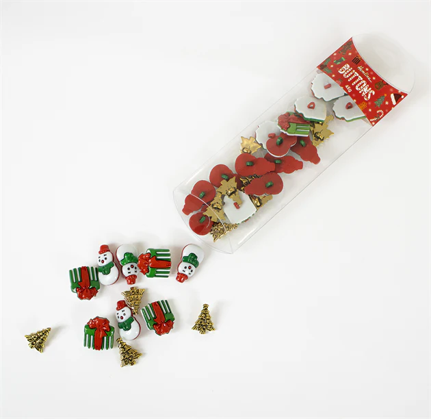 Hemline Assorted Christmas Buttons Christmas Tree, Snowman & Presents 45g - Image 3