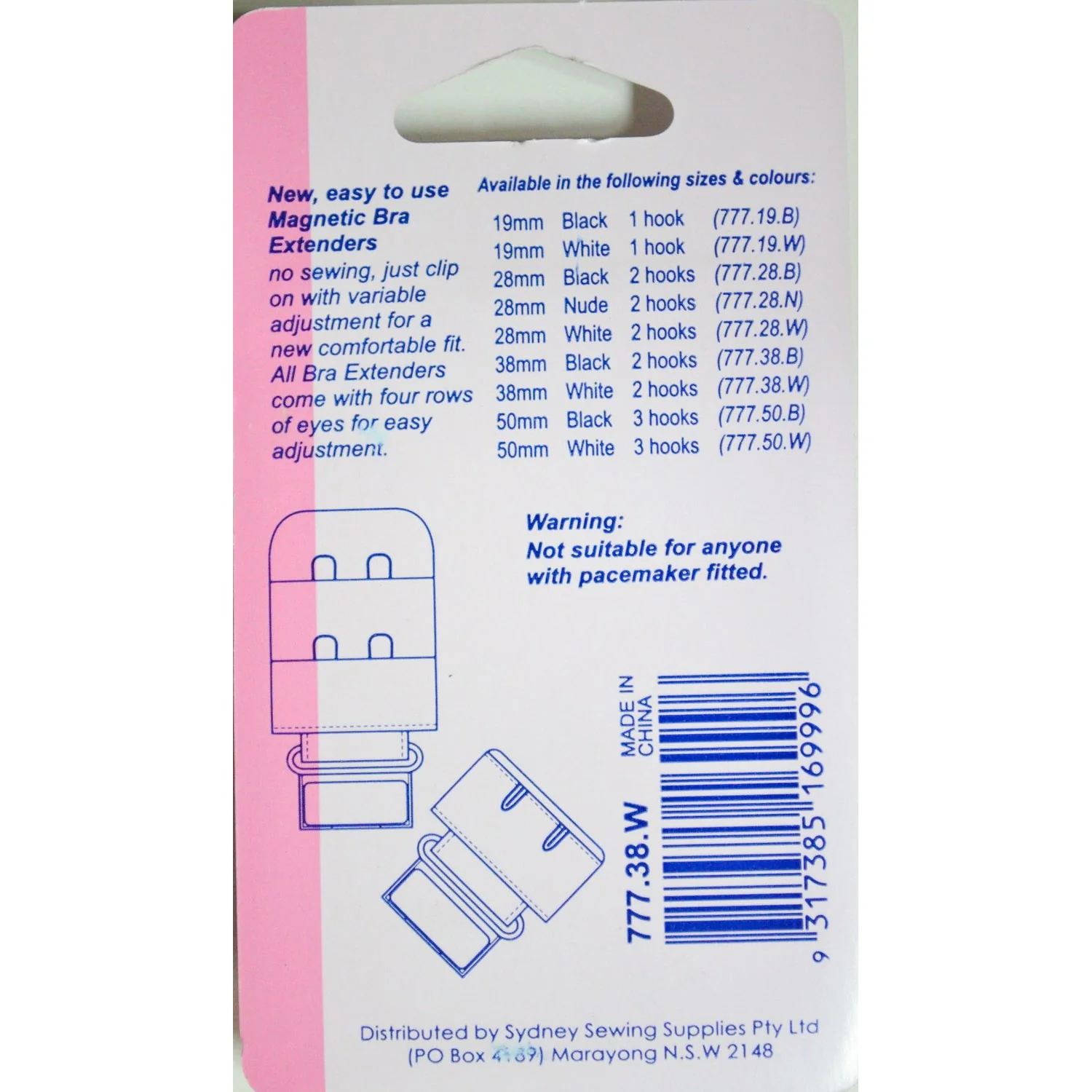 Hemline Magnetic Bra Extenders 38mm 2 Hooks White - Image 2