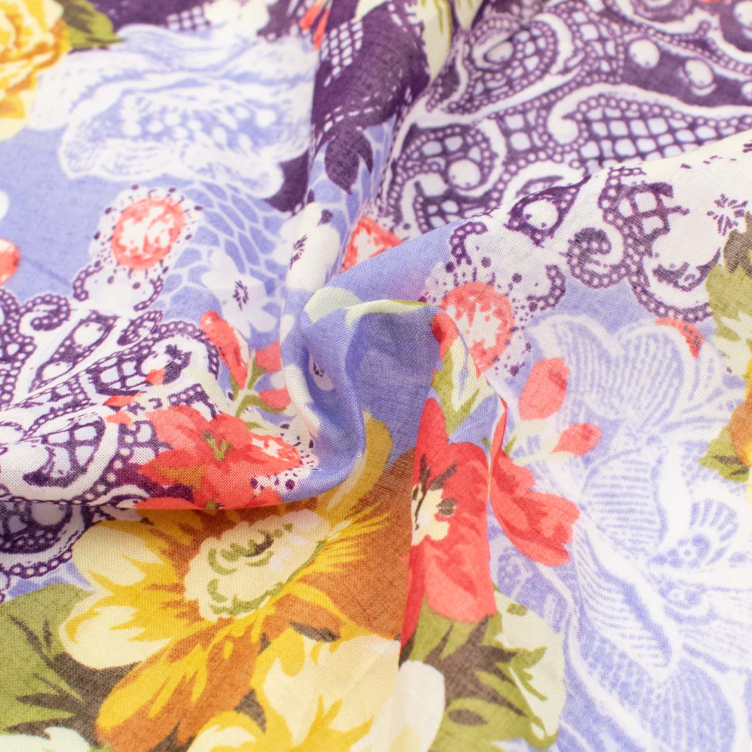 Japanese Pure Cotton Lawn Prints Design-155 Yellow & Red Flowers on Purple - Image 2