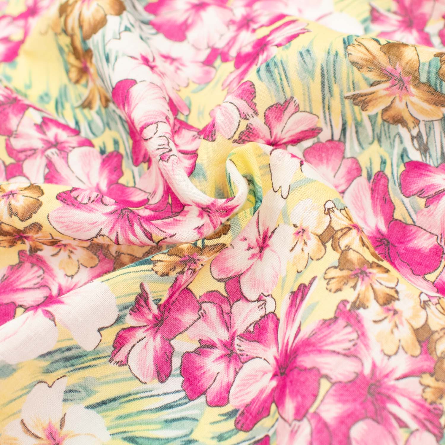 Japanese Pure Cotton Lawn Prints Design-159 Pink Floral Bloom on Pale Yellow - Image 2