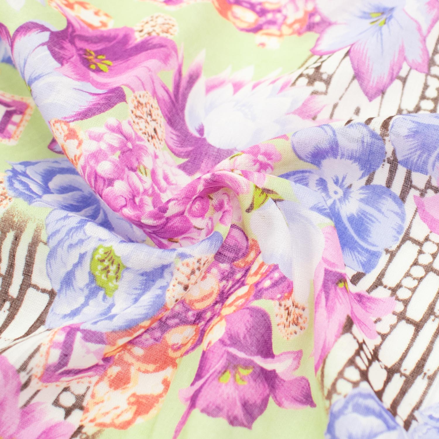 Japanese Pure Cotton Lawn Prints Design-173 Pink Hydrangea & Blue Flowers on Pale Green - Image 2