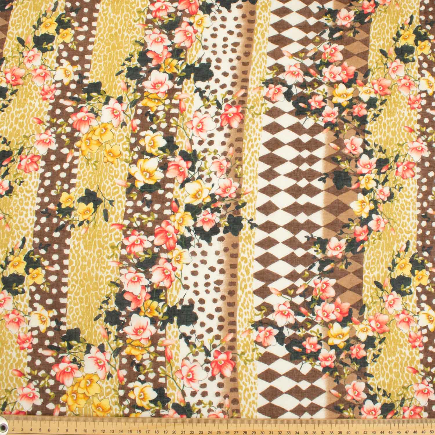 Japanese Pure Cotton Lawn Prints Design-175 Red Floral Vines & Brown Rhombus on Yellow - Image 4