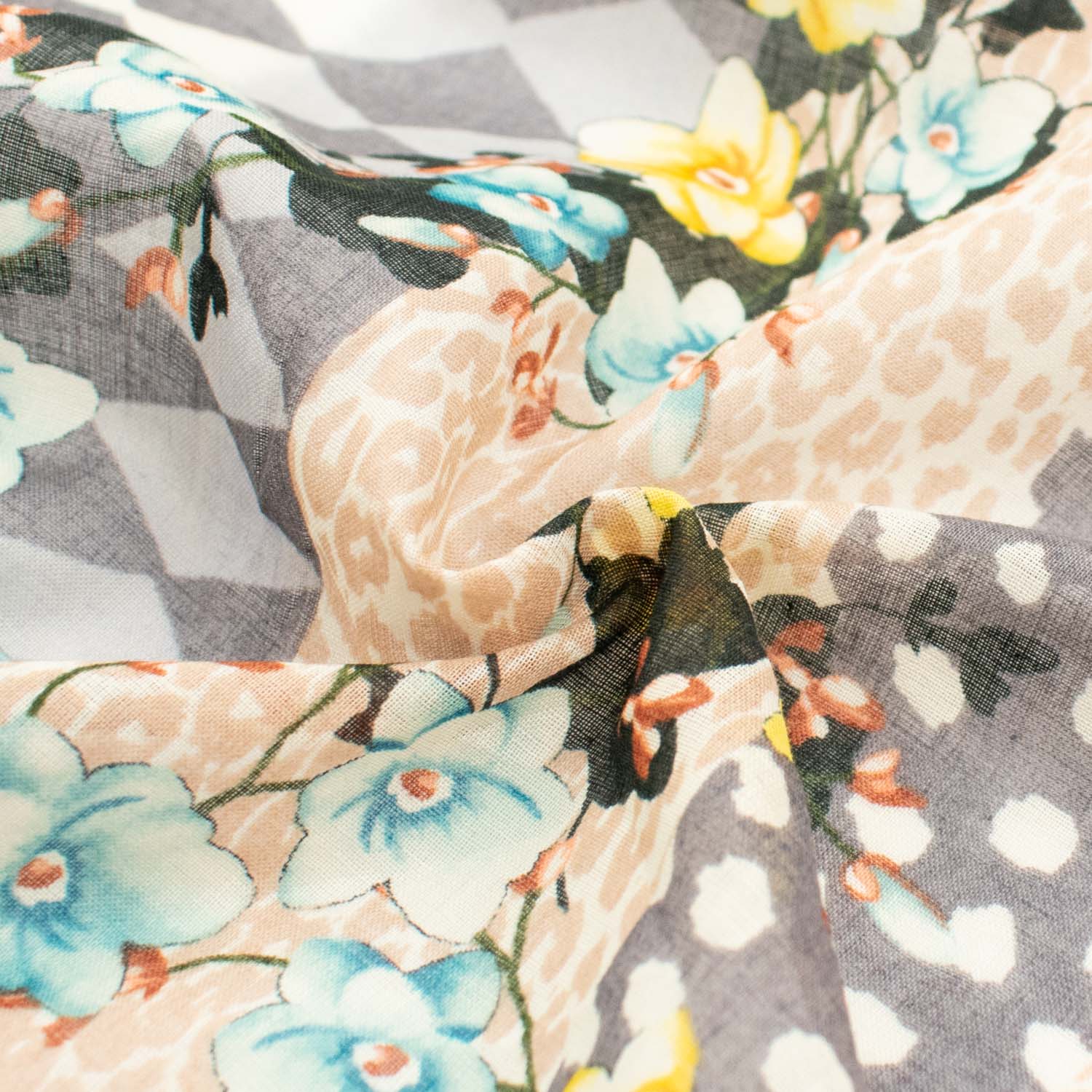 Japanese Pure Cotton Lawn Prints Design-177 Yellow Floral Vines & Green Rhombus on Skin - Image 2