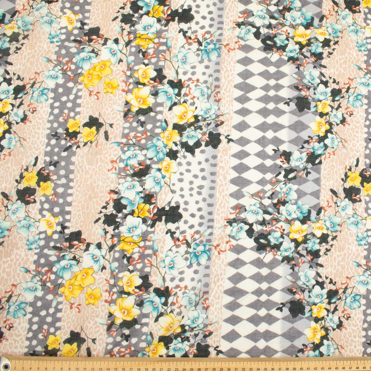 Japanese Pure Cotton Lawn Prints Design-177 Yellow Floral Vines & Green Rhombus on Skin - Image 3