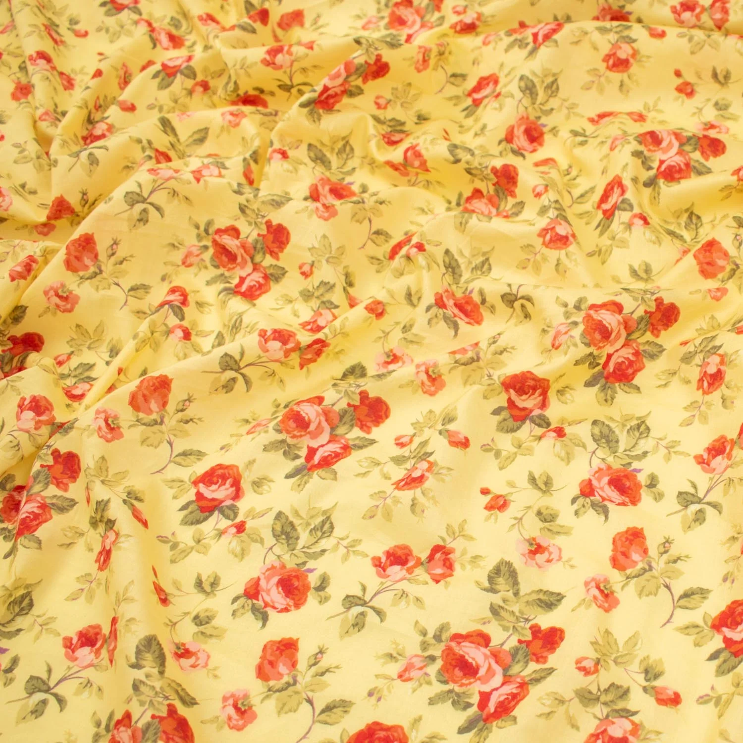 Japanese Pure Cotton Lawn Prints Design-182 Red Roses Blooms on Yellow - Image 2