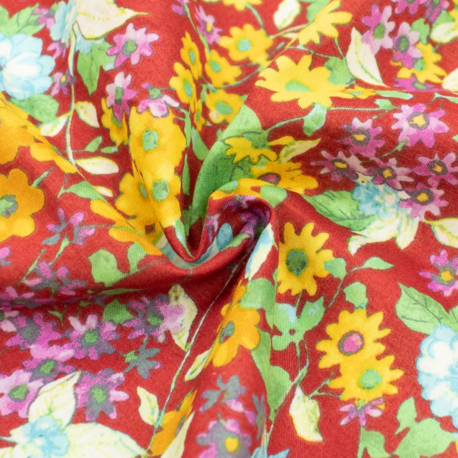Japanese Pure Cotton Lawn Prints Design-185 Multicolour Floral Bloom on Dark Red - Image 2