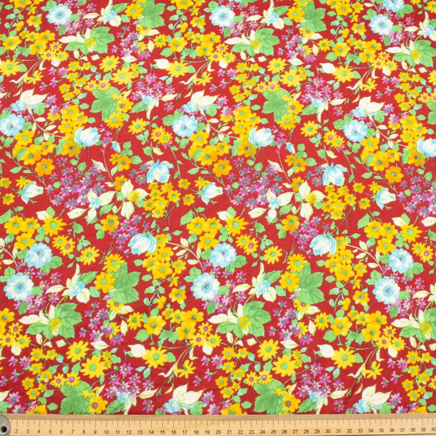 Japanese Pure Cotton Lawn Prints Design-185 Multicolour Floral Bloom on Dark Red - Image 3