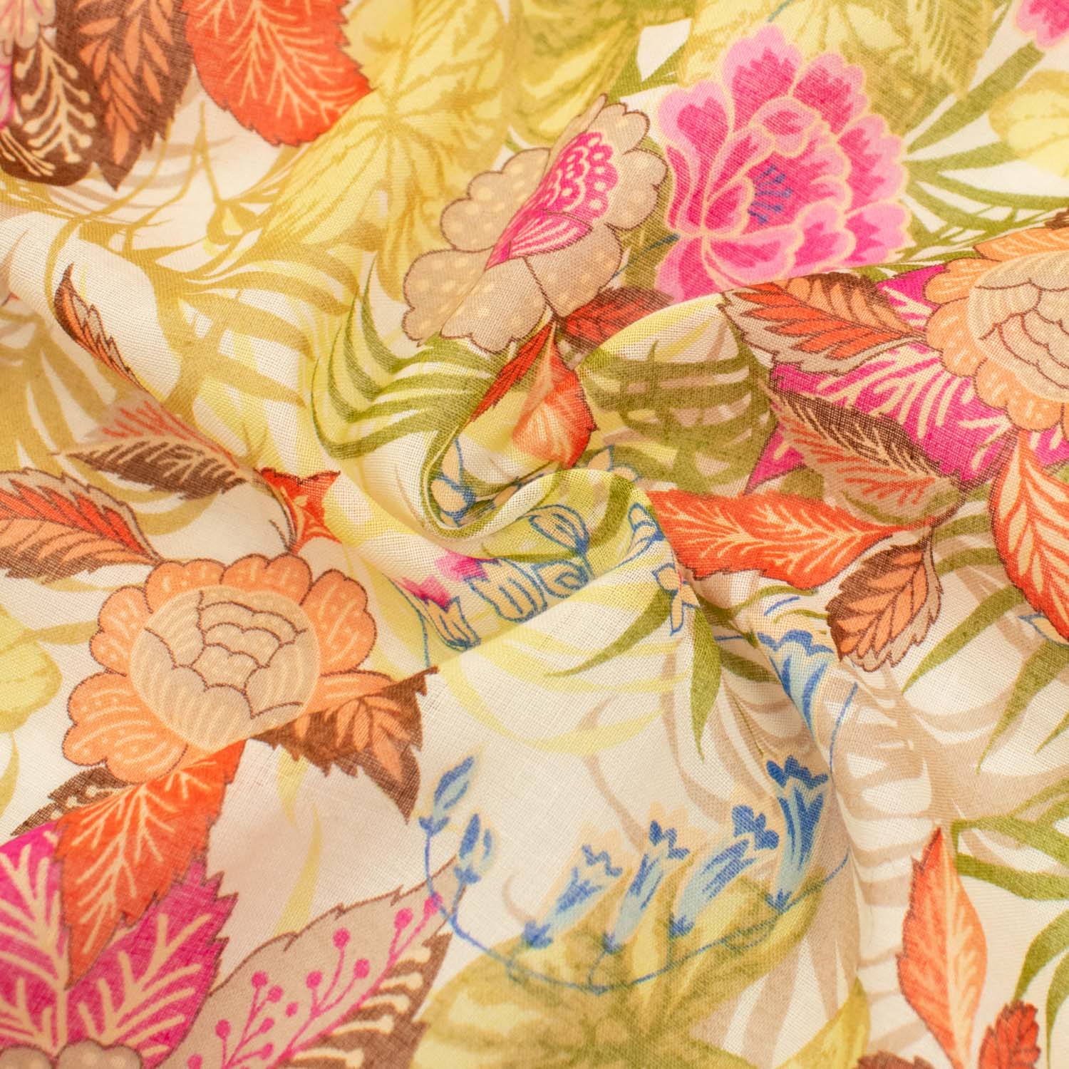 Japanese Pure Cotton Lawn Prints Design-195 Orange Florals & Green Leaves on Ivory - Image 2