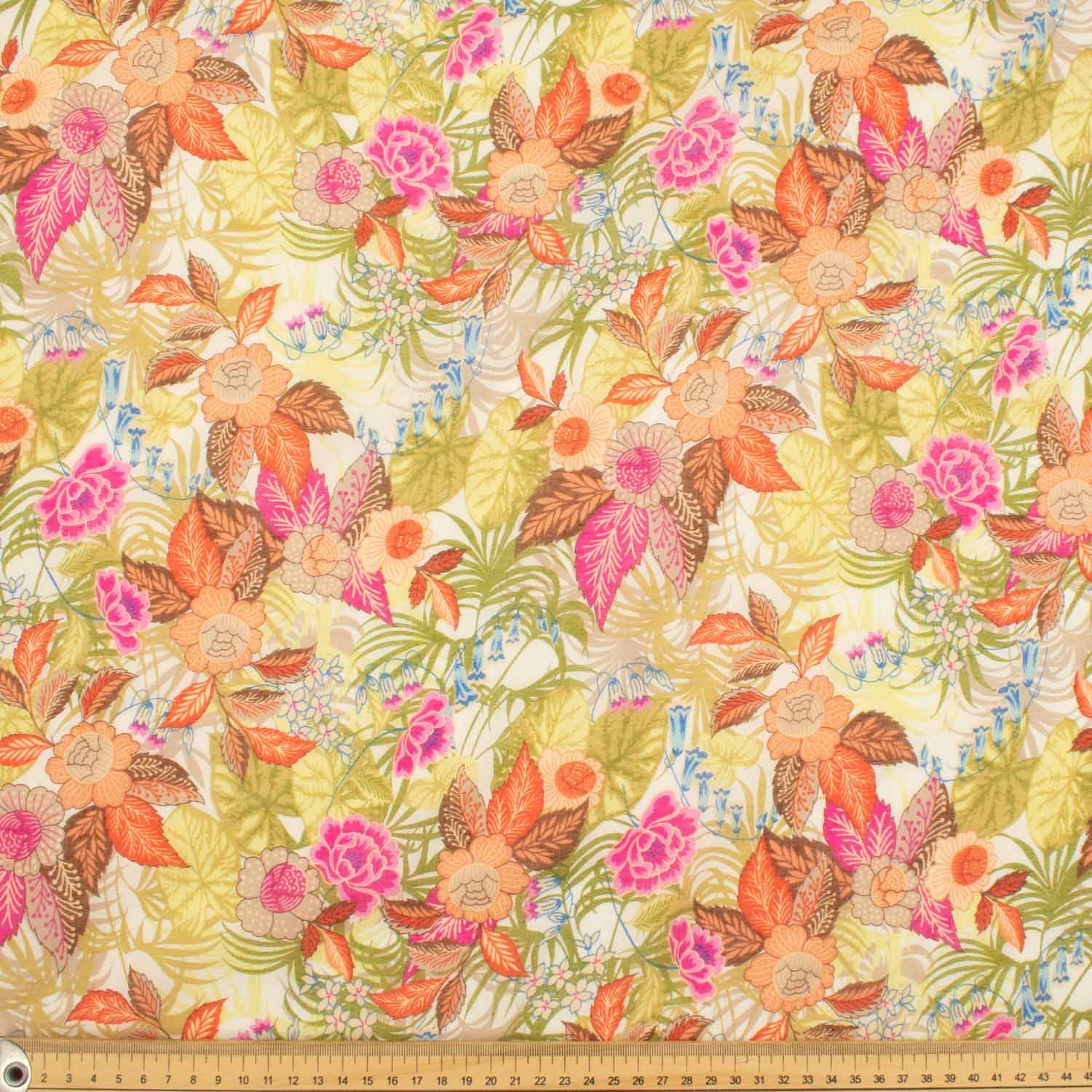 Japanese Pure Cotton Lawn Prints Design-195 Orange Florals & Green Leaves on Ivory - Image 3