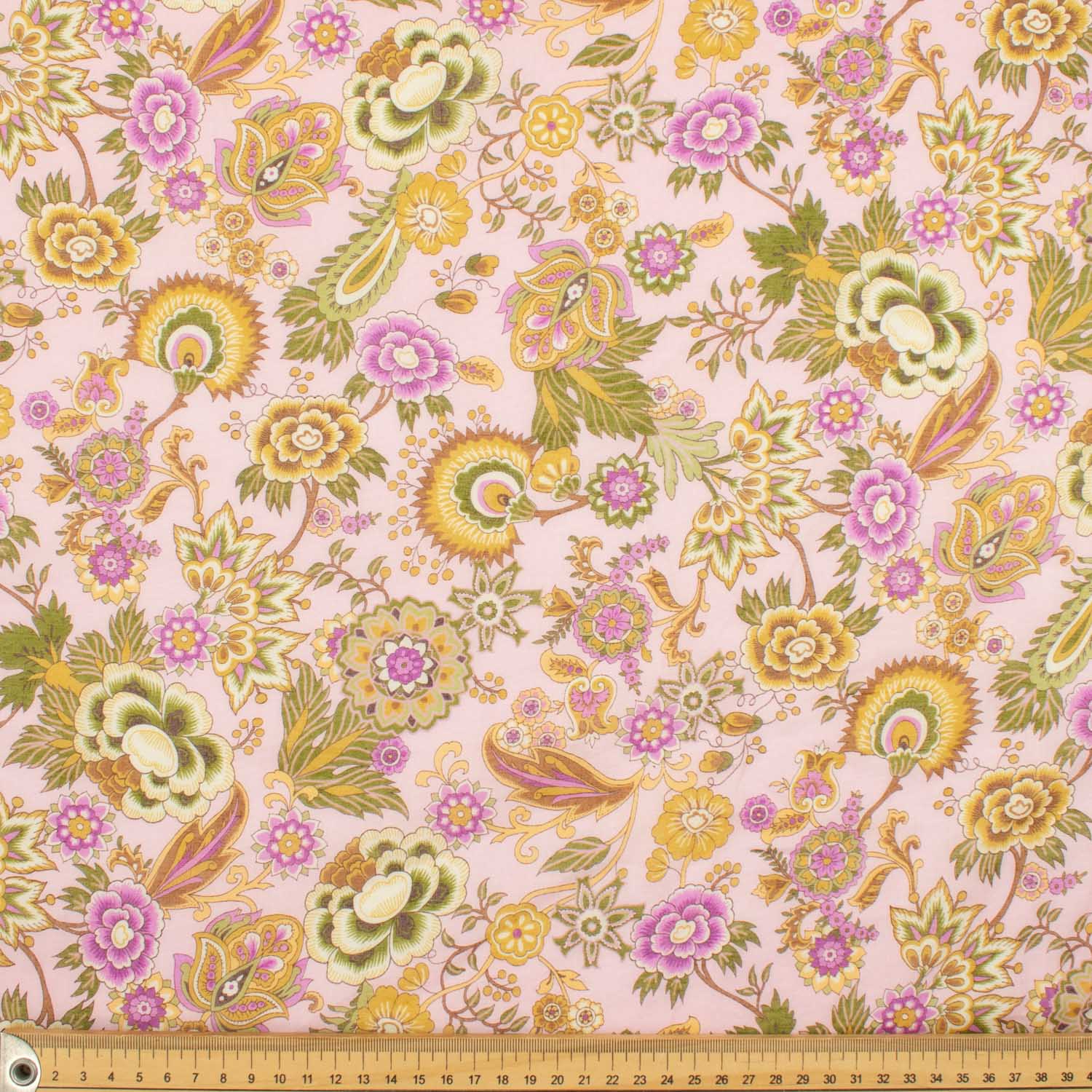 Japanese Pure Cotton Lawn Prints Design-196 Beige Florals & Green Leaves on Baby Pink - Image 3
