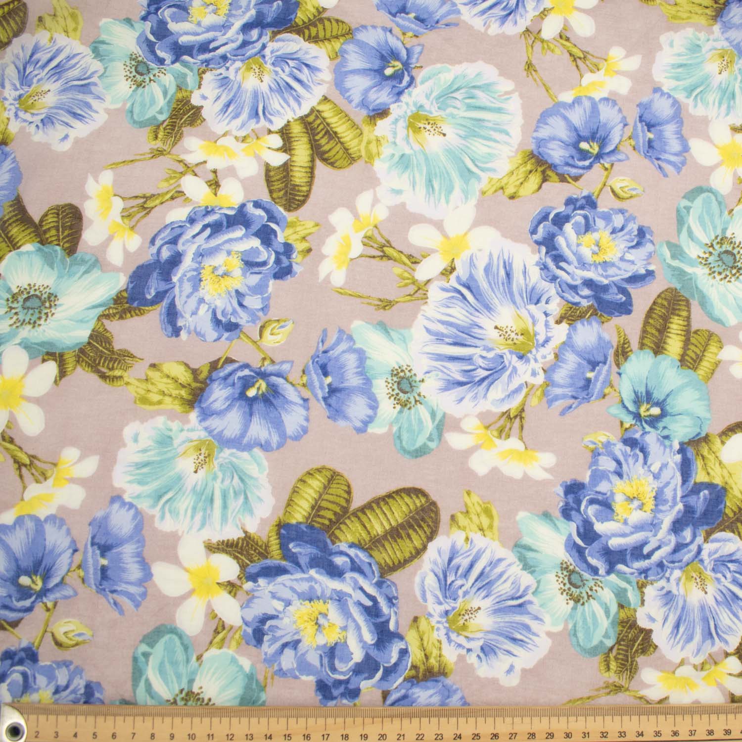 Japanese Pure Cotton Lawn Prints Design-201 Large Blue & Teal Flowers on Grey - Image 3
