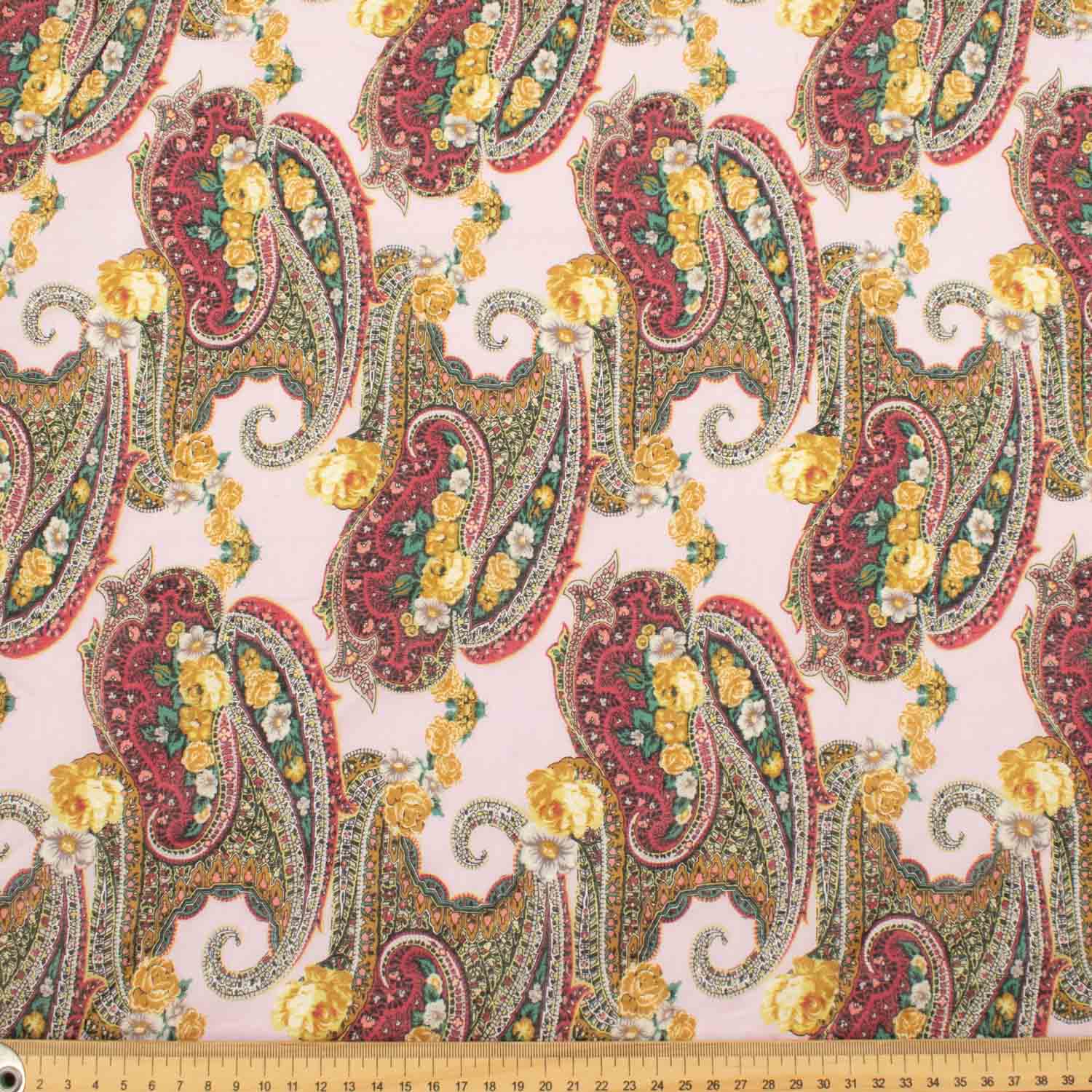 Japanese Pure Cotton Lawn Prints Design-209 Red & Brown Paisley On Baby Pink - Image 3