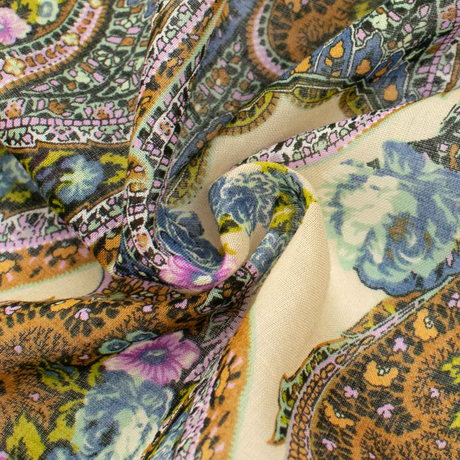 Japanese Pure Cotton Lawn Prints Design-211 Brown & Grey Paisley on Pale Yellow - Image 2