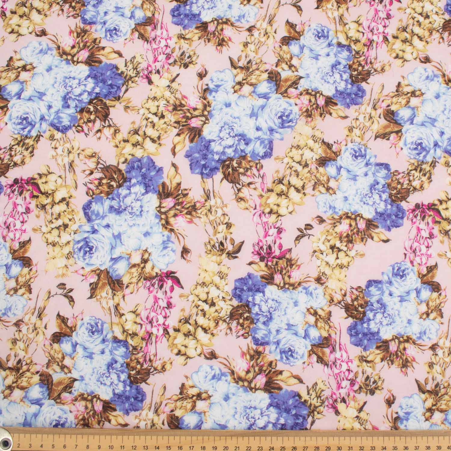 Japanese Pure Cotton Lawn Prints Design-220 Blue & Beige Florals on Baby Pink - Image 3