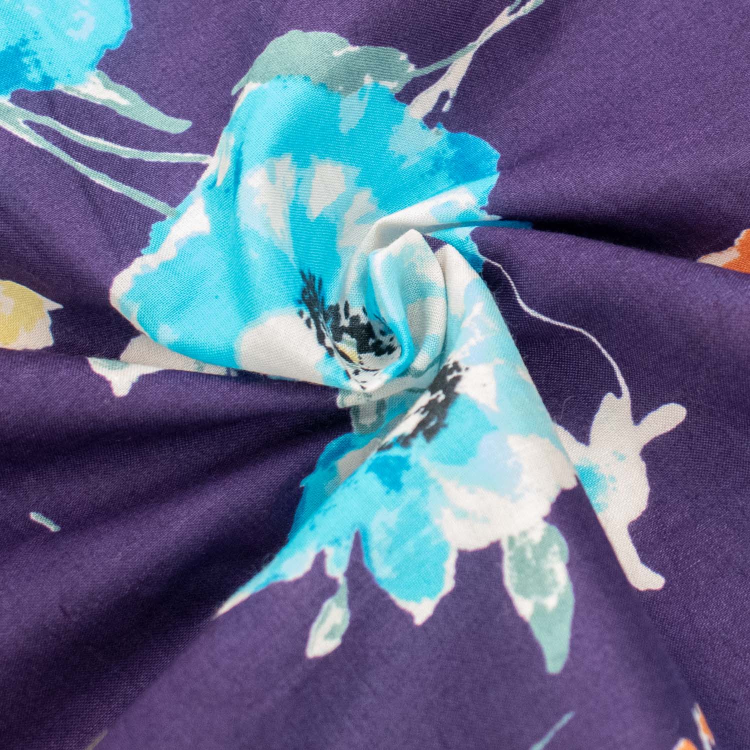 Japanese Pure Cotton Lawn Prints DF-229 Blue Flowers on Purple - Image 3