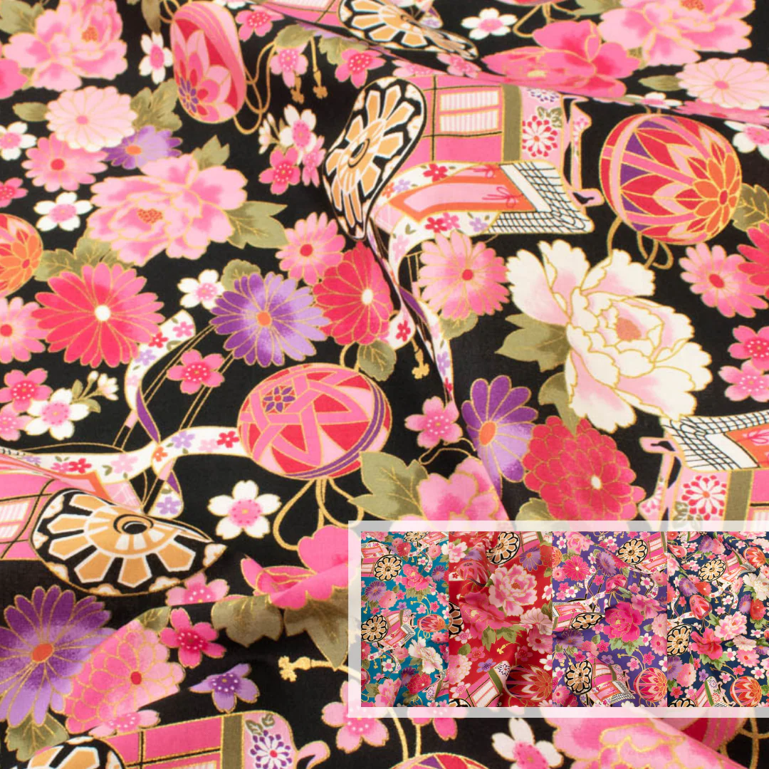 Japanese Yuzen-Style Cotton Prints - Temari Balls and Peonies Collection