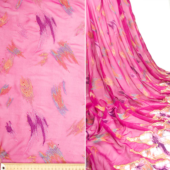 Lace Edged Embroidered Pure Silk Chiffon Magenta - Image 3