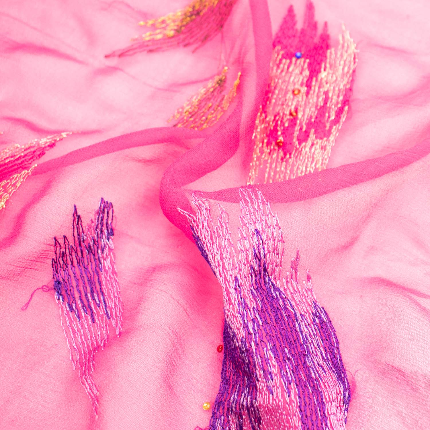 Lace Edged Embroidery Pure Silk Chiffon Coral Pink - Image 3