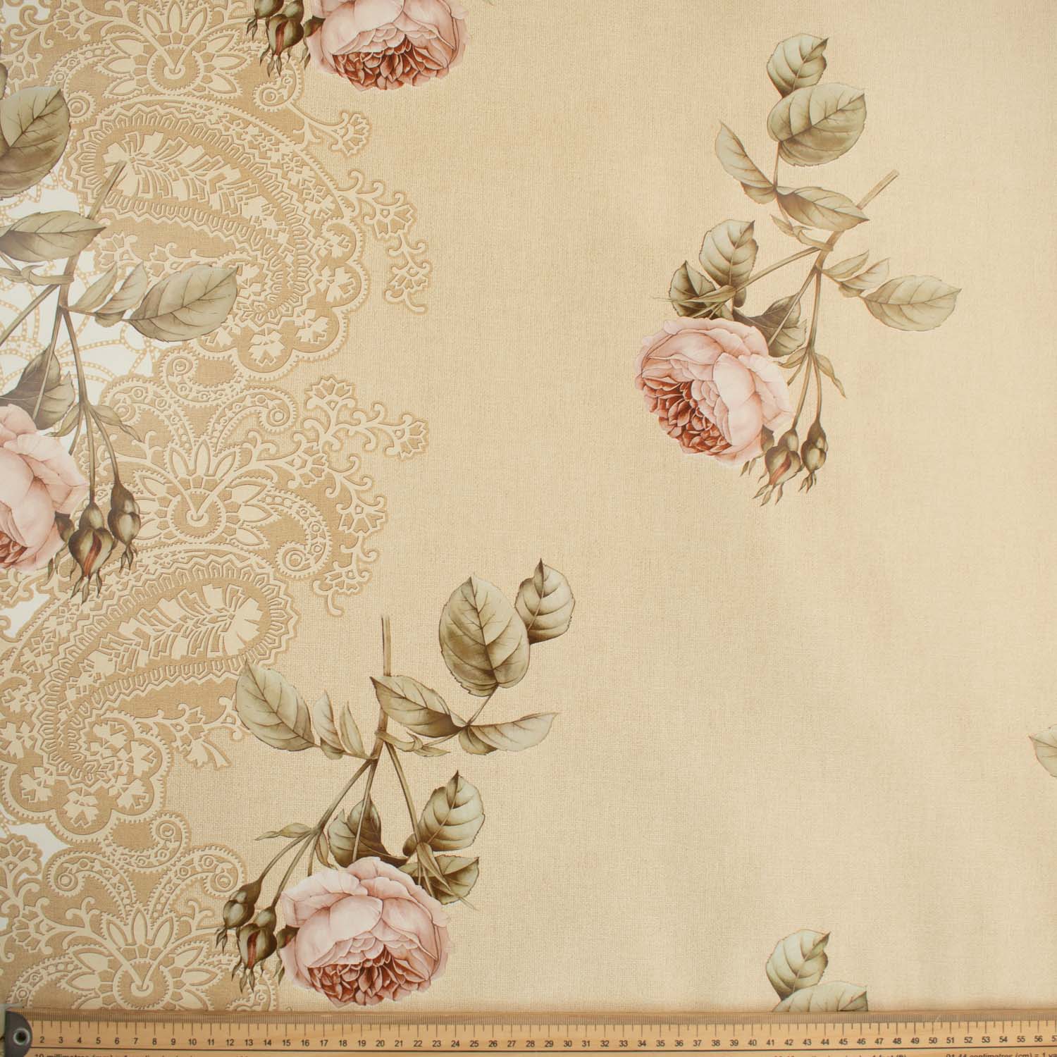 Latte Roses & Paisley Plastic Tablecloth Fabric - Image 2