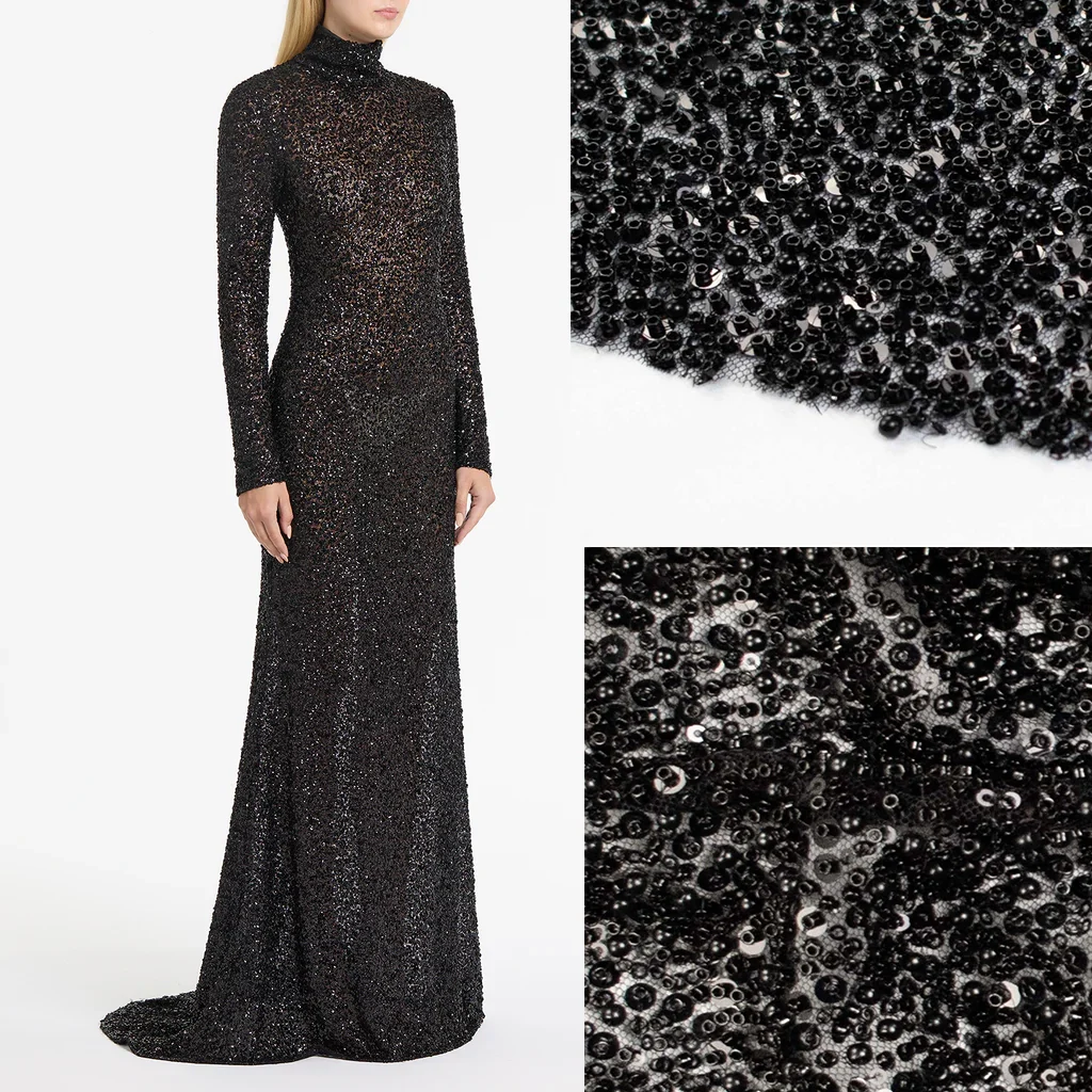Luxury Pearl & Crystal Beaded Sequins Mesh Lace – SS41900 Black - Image 2