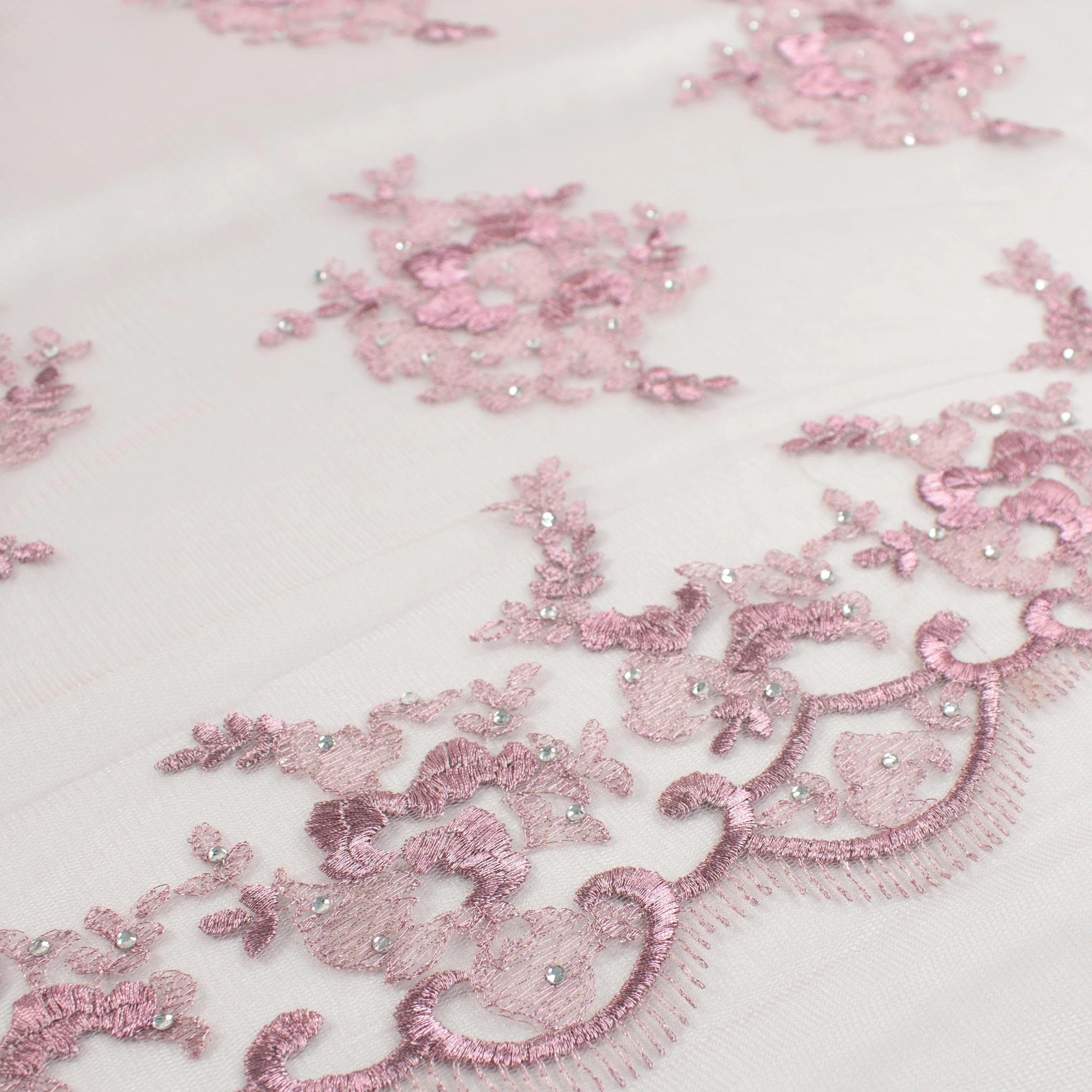 Metallic Diamante Embroidery Lace Pink - Image 3