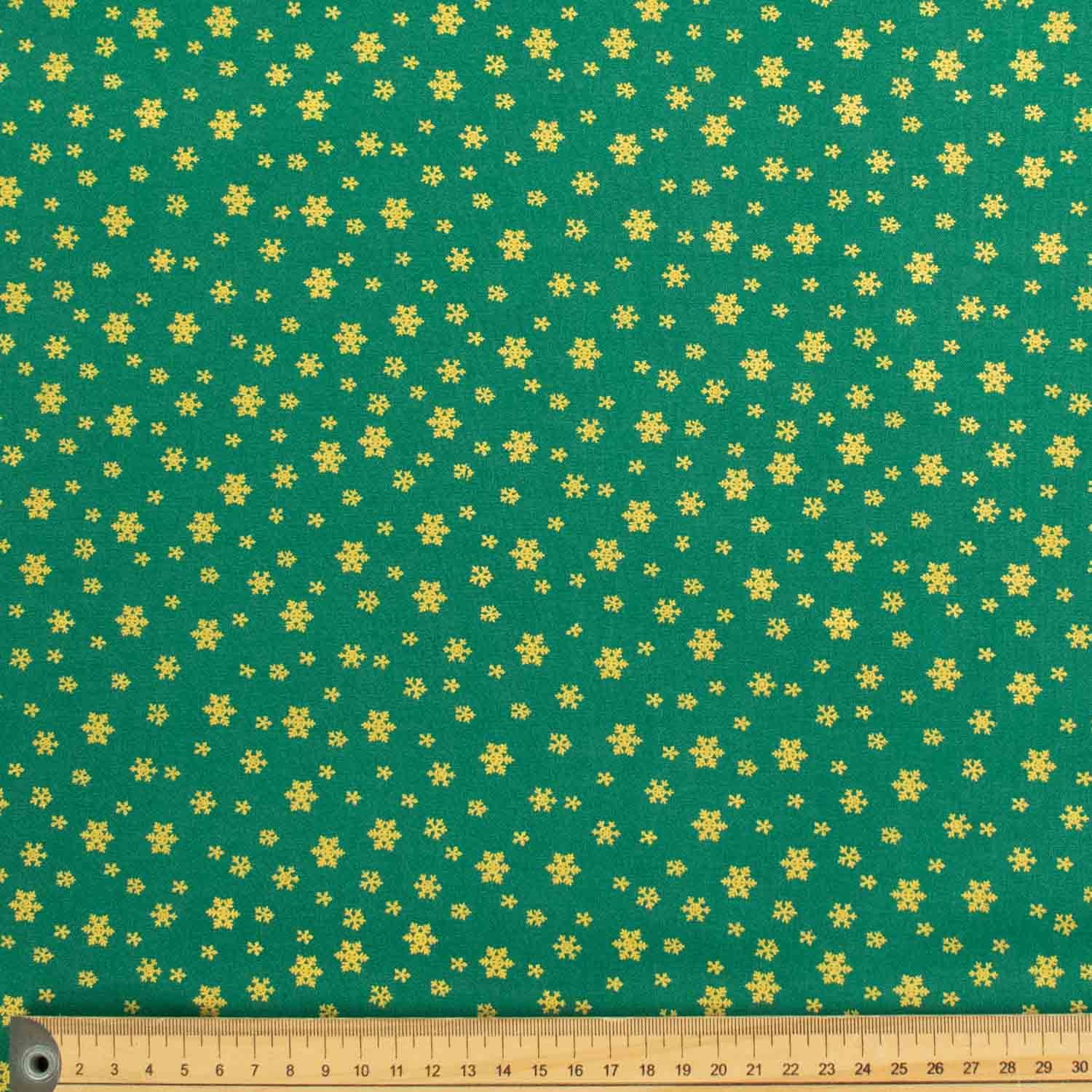 Metallic Gold Foil Snowflakes on Green Christmas Cotton Prints