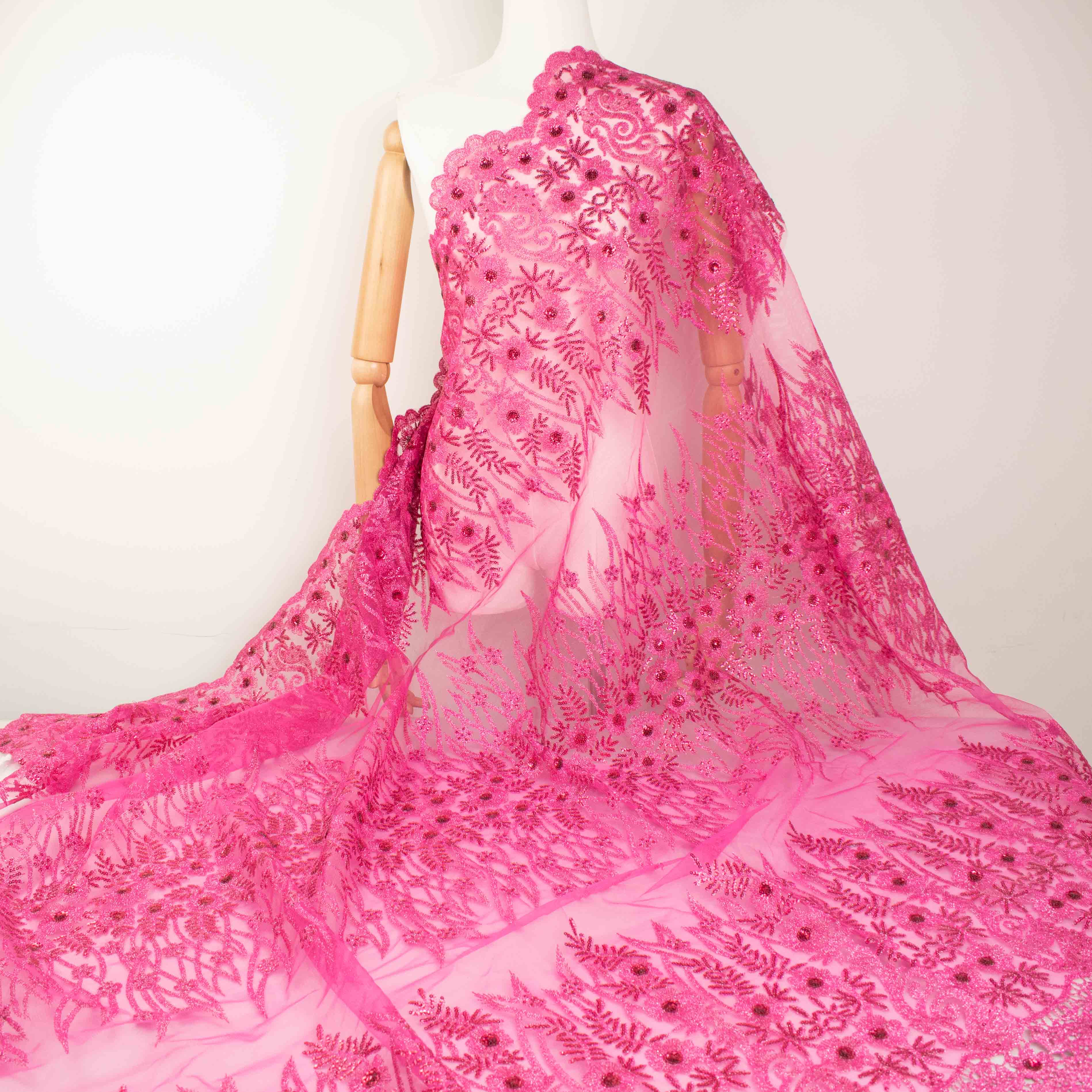 Metallic Sequin Glitter Embroidery Jewel Lace Hot Pink - Image 3